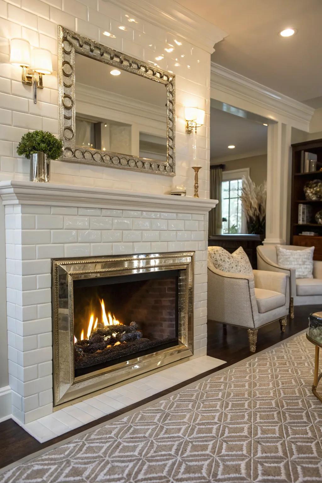 Metallic accents add a glamorous touch to this chic tile fireplace.