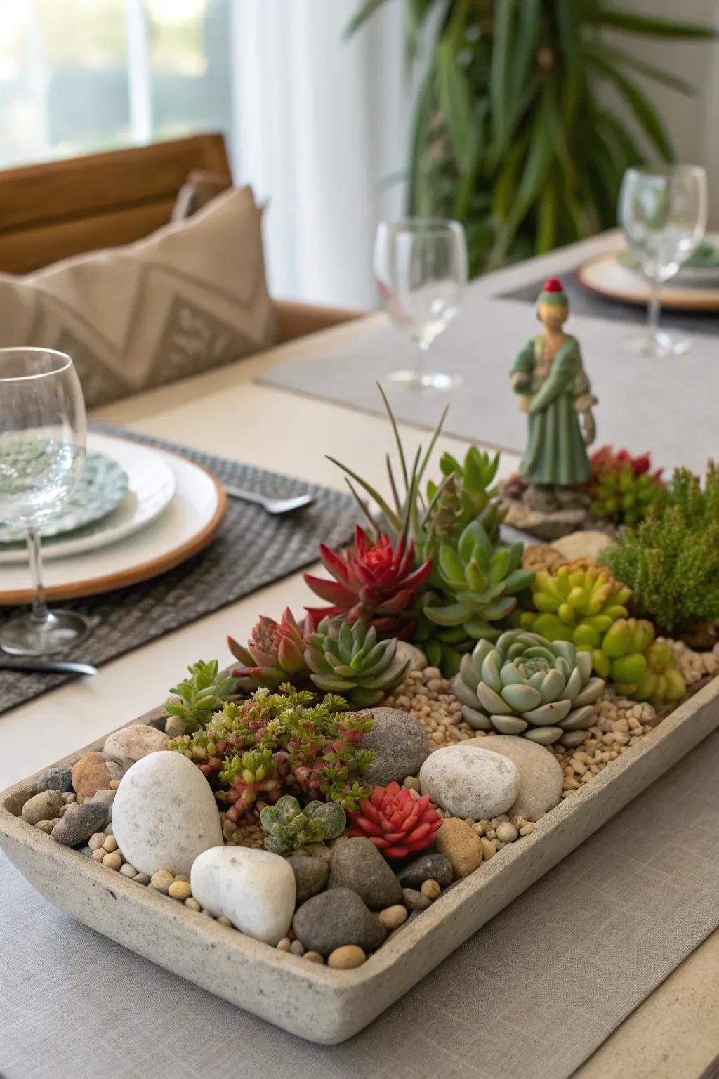 An eye-catching desktop mini-garden showcasing succulents and decorative accents.