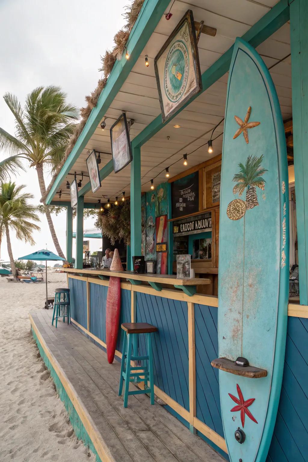 Beachfront-themed ornaments bring the ocean vibe to this backyard bar.
