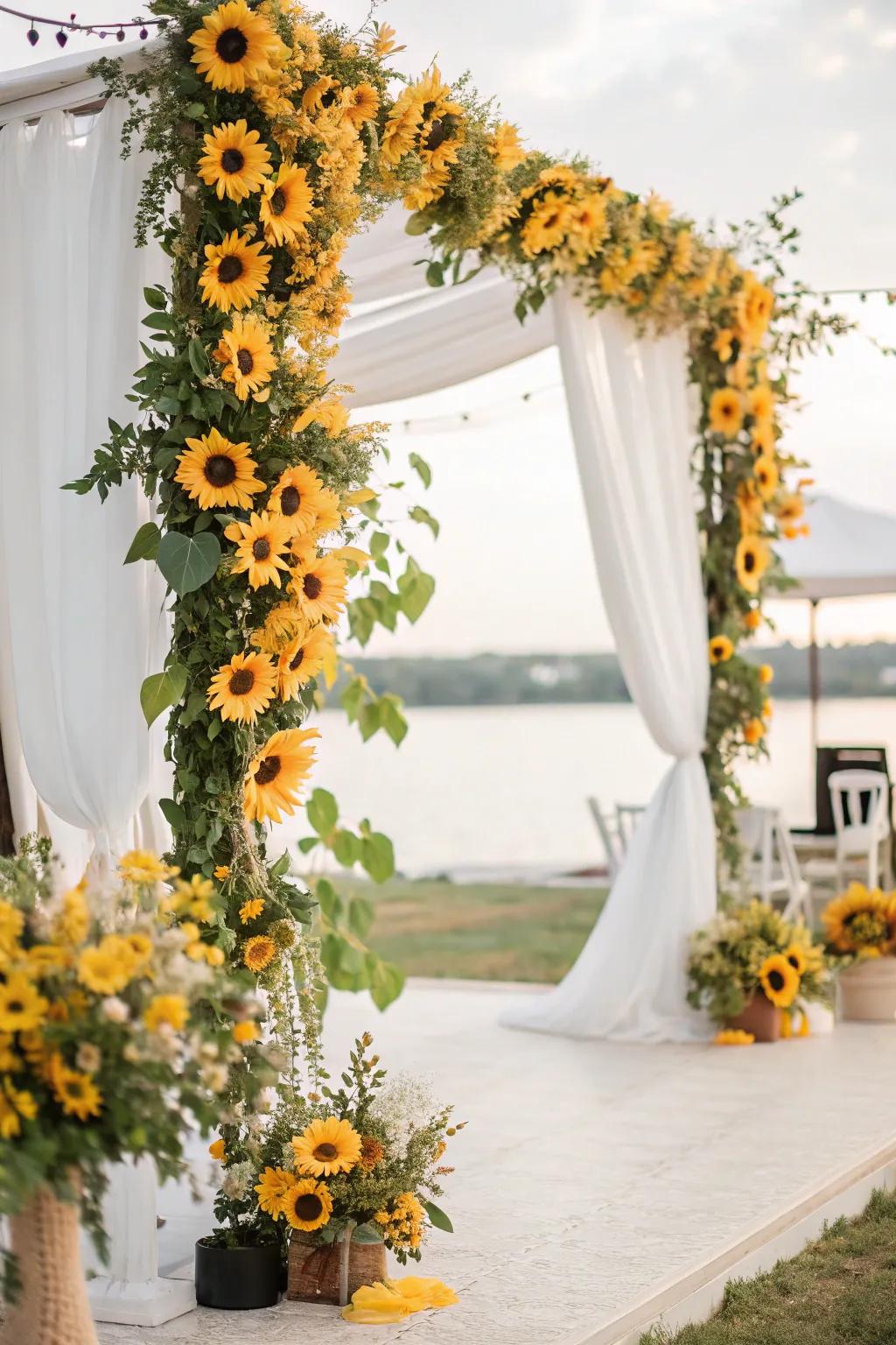 A vibrant photo backdrop decorated with golden blooms.