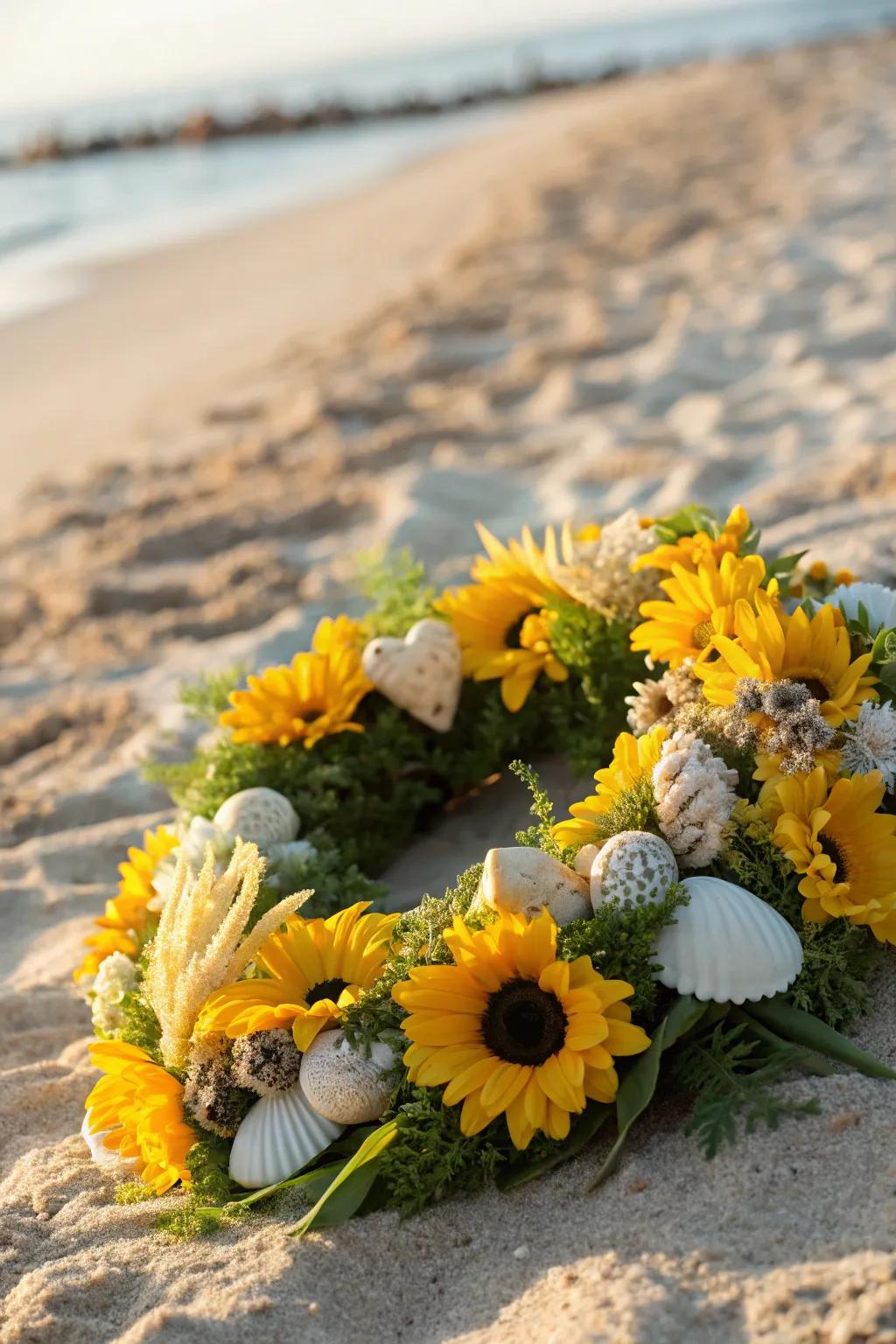 Transport the essence of the beach into your home with sunflowers paired with delicate seashells.