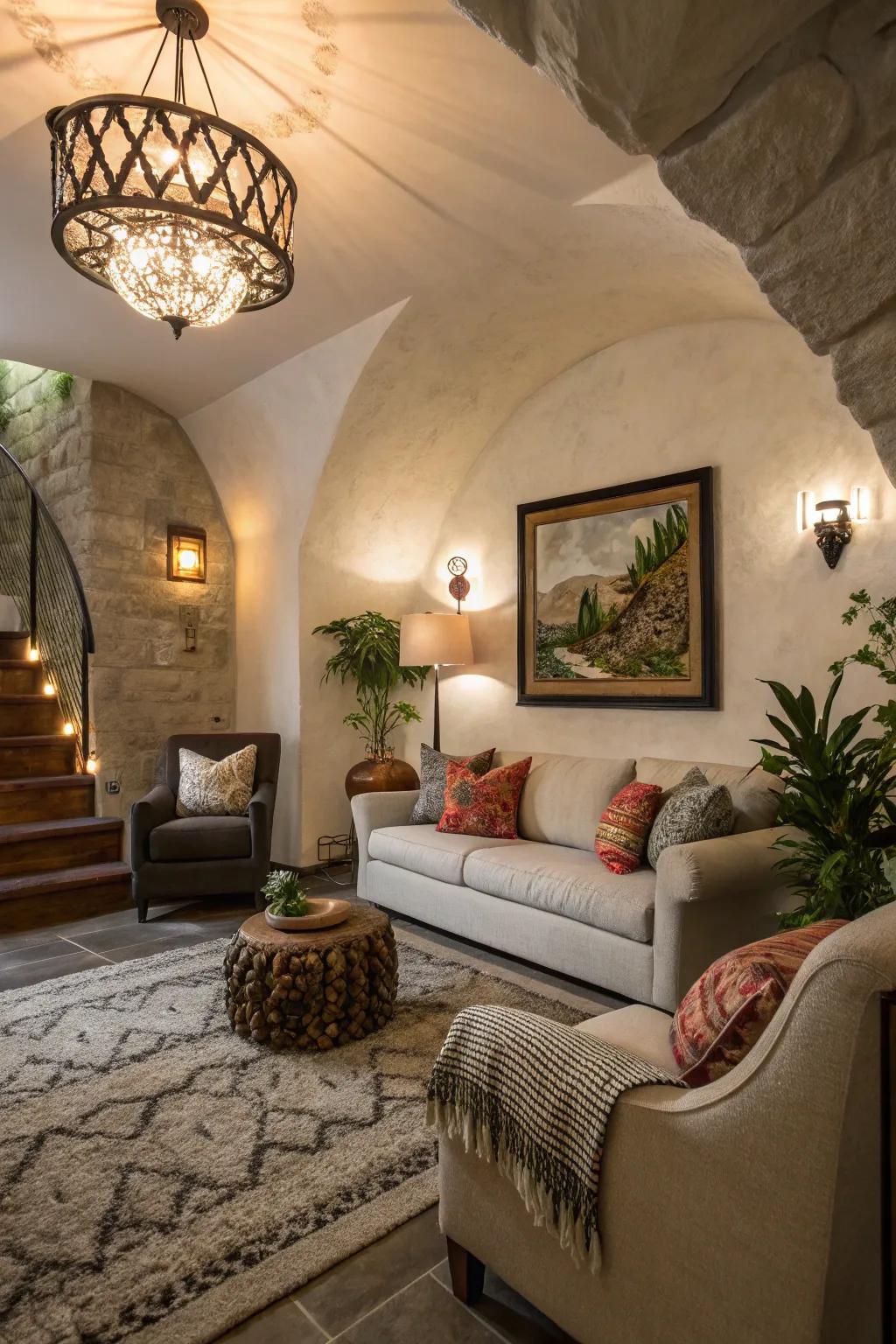 A sunken living room highlighted by decorative touches and striking lighting.