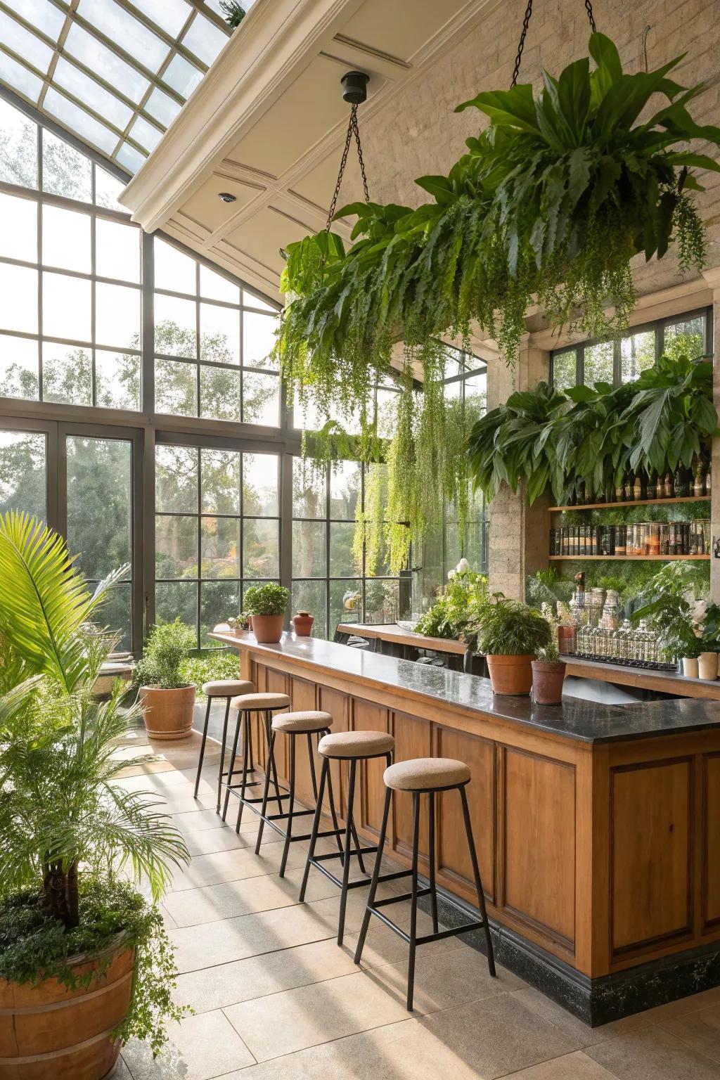Indoor flora brings life and freshness to your sunroom bar.