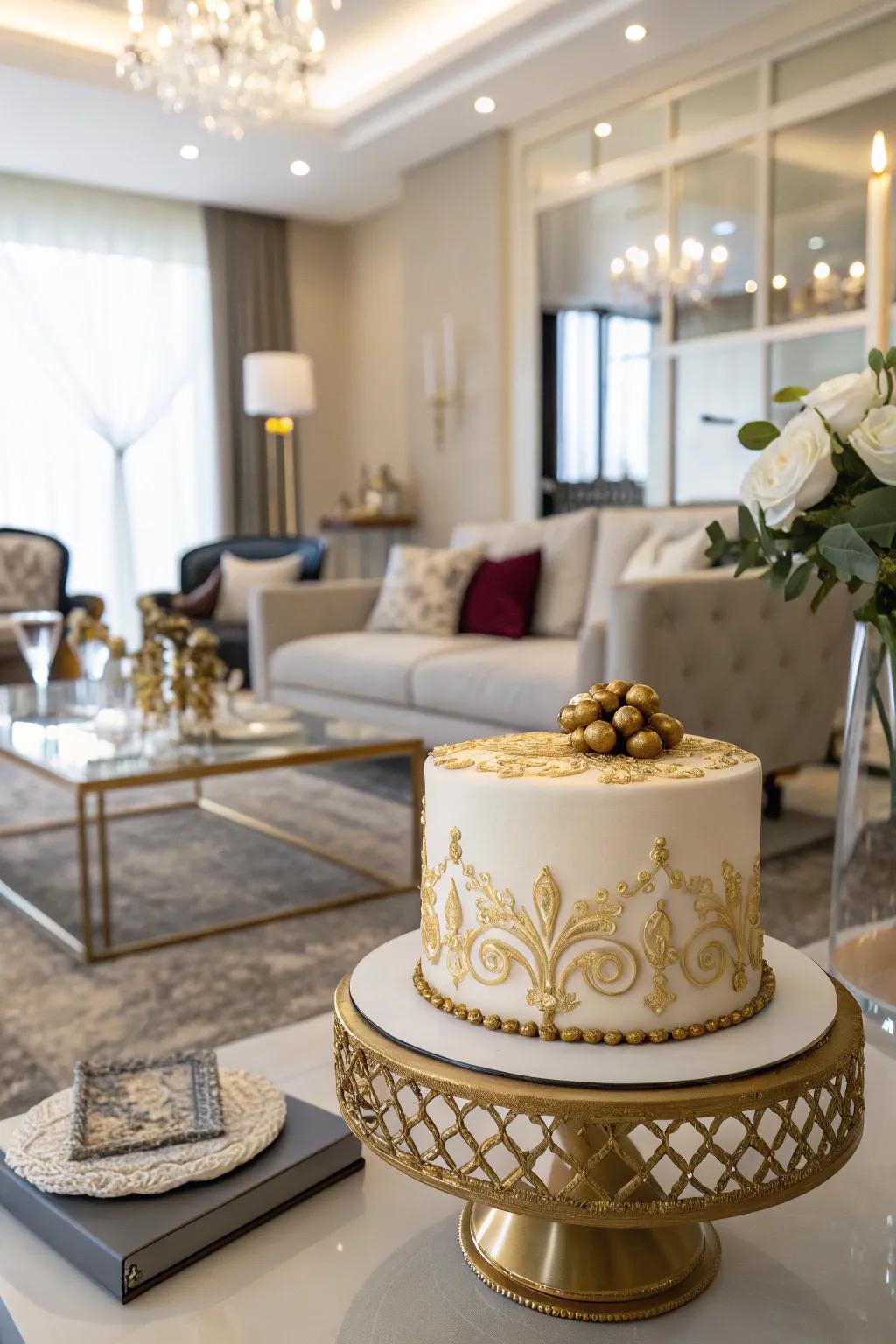 A cake adorned with gilded embellishments, bestowing a luxurious nuance upon the sweet sixteen celebration.