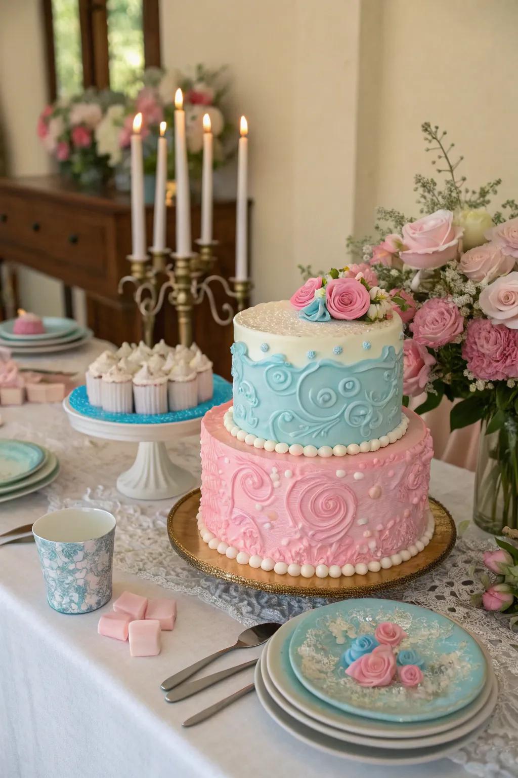 A breathtaking gender reveal cake serves as the perfect table centerpiece.