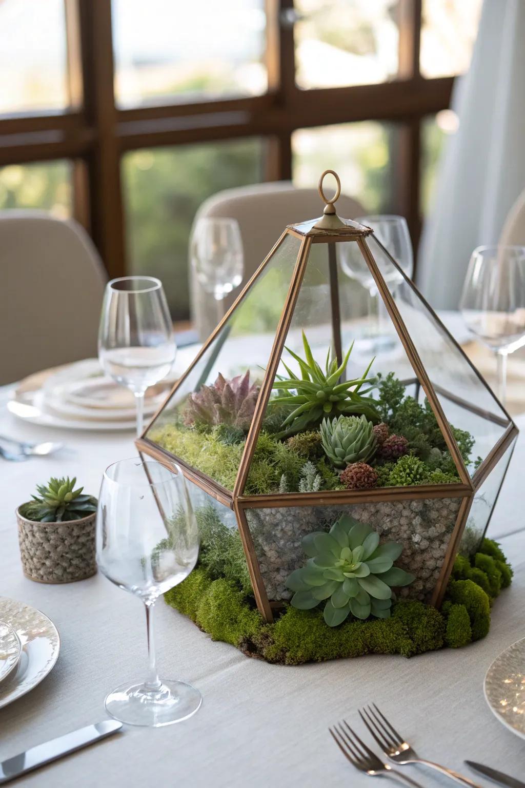 Unconventional centerpieces such as terrariums introducing intrigue to the table.