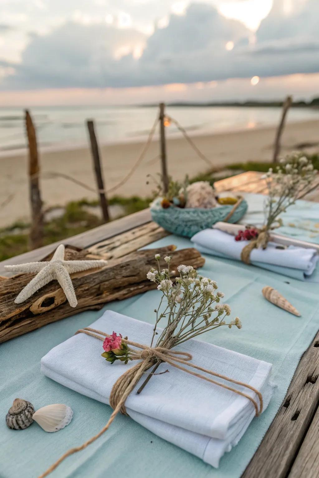 Coastal vibes through twine and floral accents.