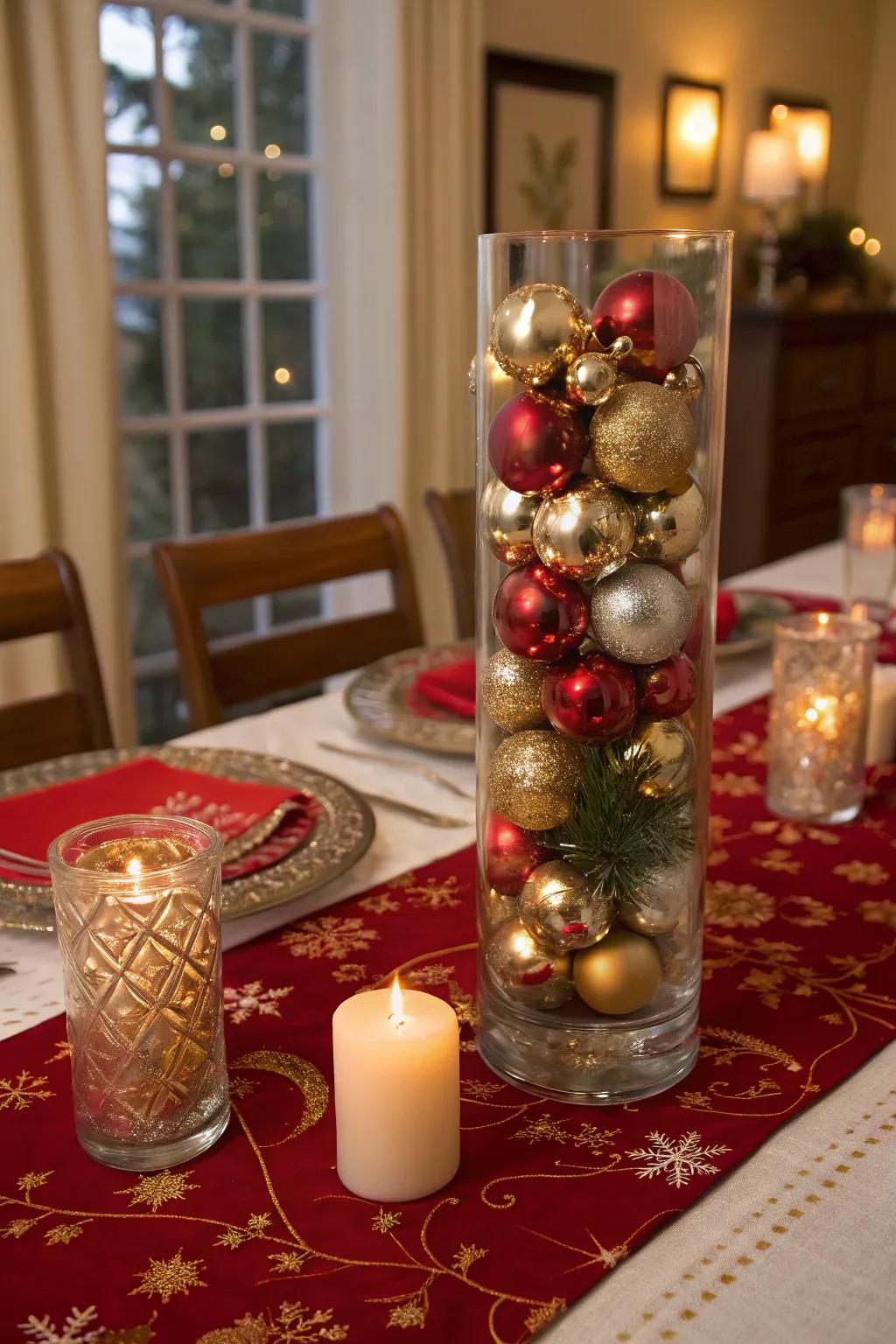 A tall glass vase with metallic decorations, creating a festive atmosphere on a holiday dining table.