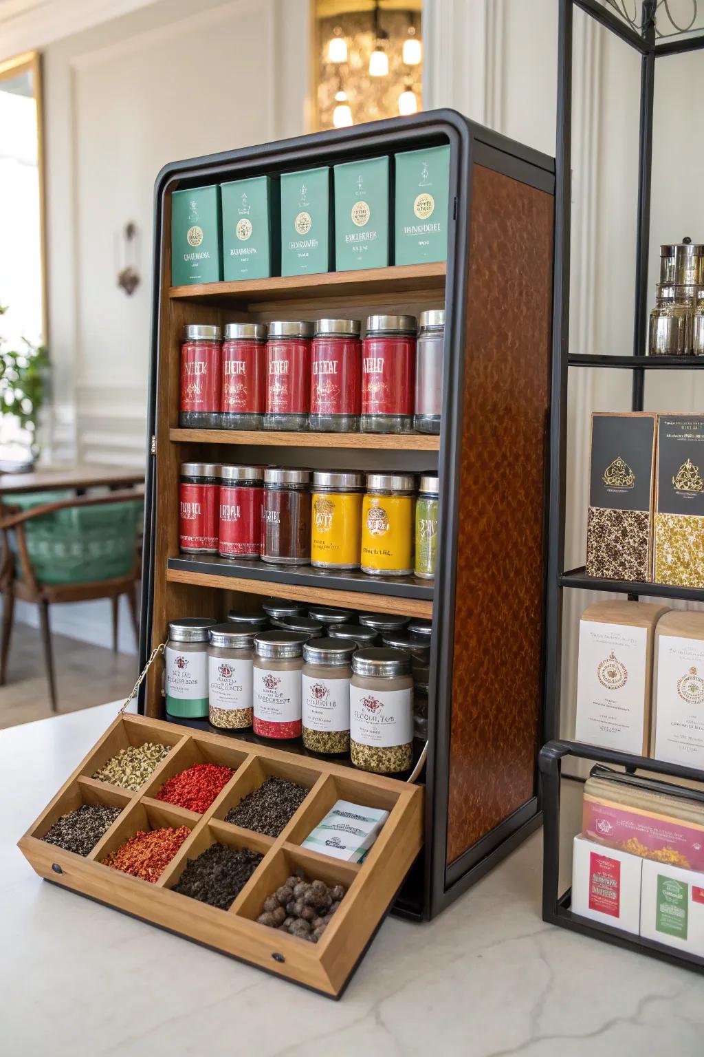 An open display rack showcasing a tea collection.