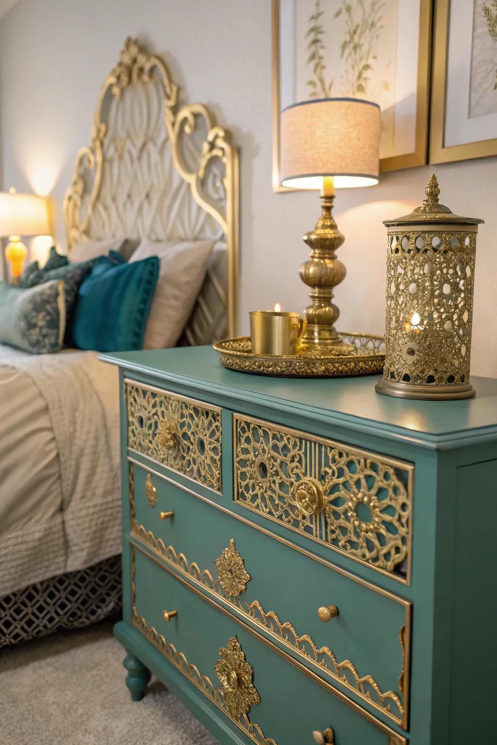 Gilded latticework accessories bring intricate class to this bedroom.
