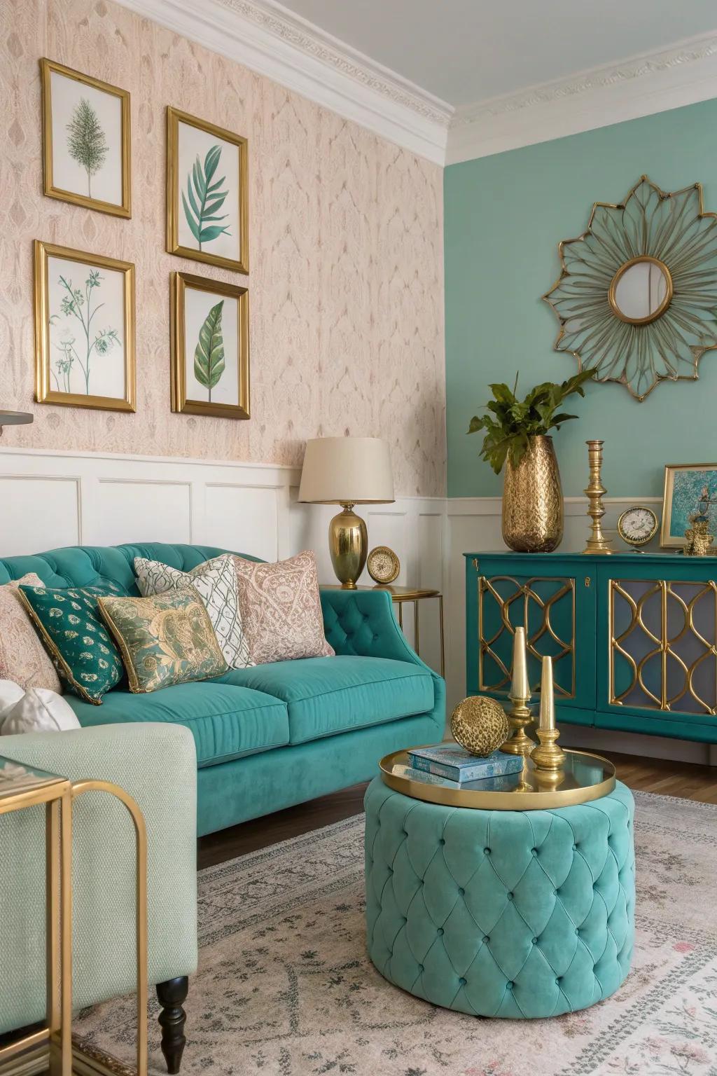 Metal hints give a shining touch to the decor of teal and turquoise.