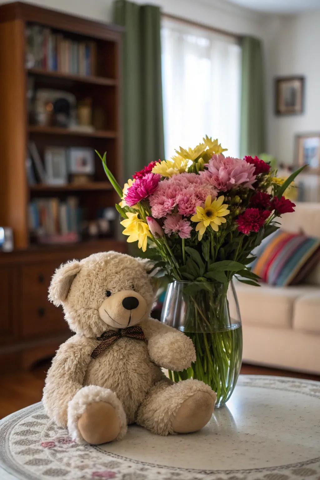 A charming centerpiece with a teddy bear and a vase of flowers.