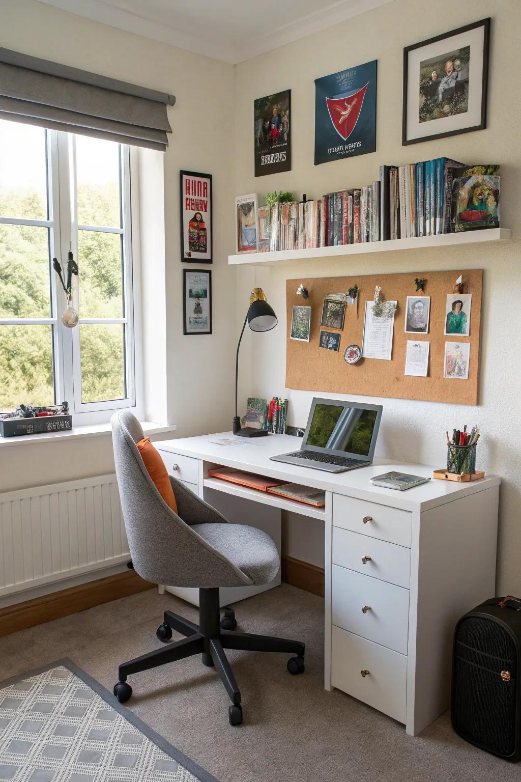 A study-friendly area featuring a modern workstation and ergonomic chair within a teen boy's room.