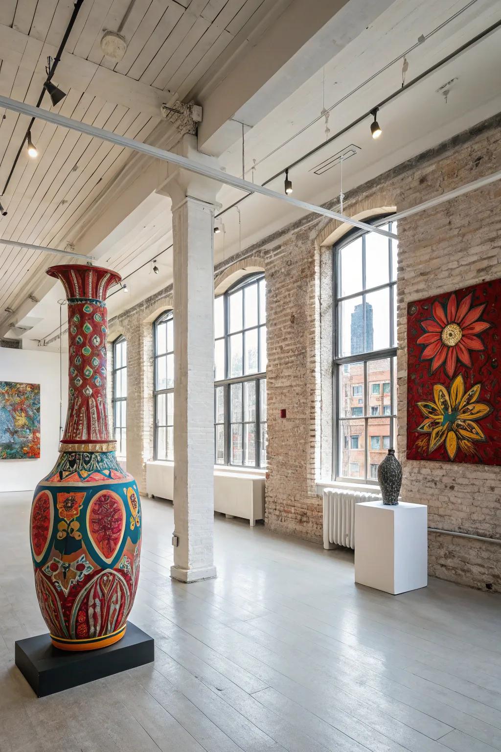 A 3D textured art piece captivates with its interactive design in this chic urban loft.