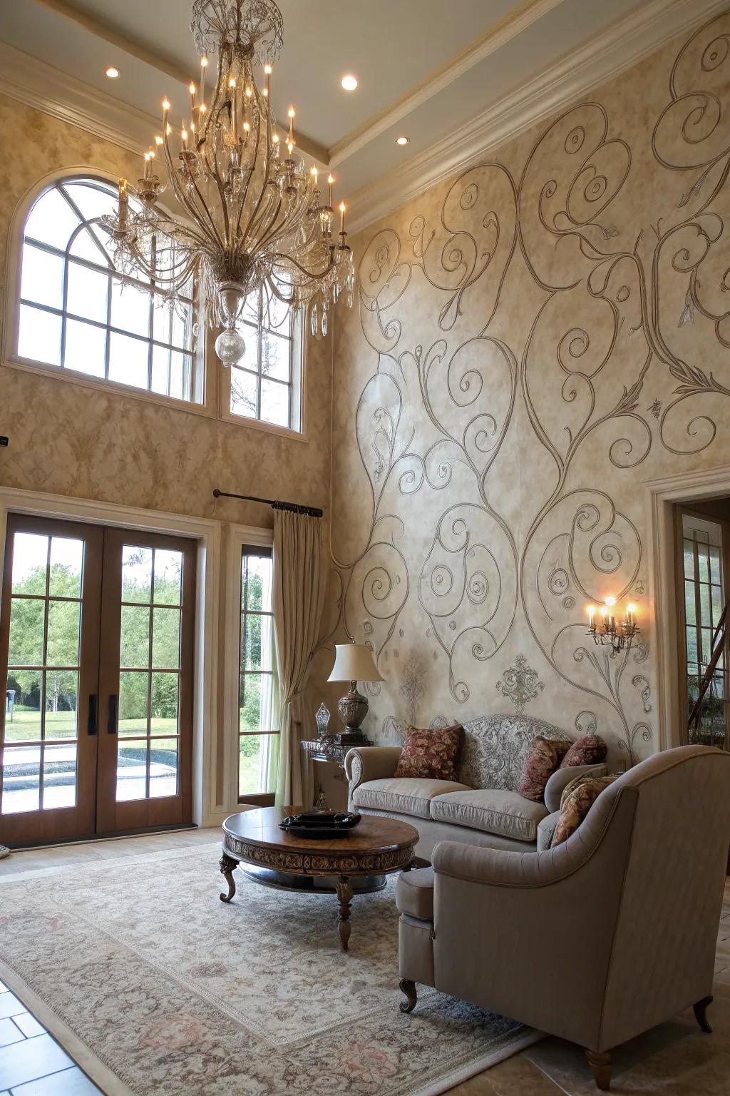 A living room with a luxurious Venetian plaster wall.