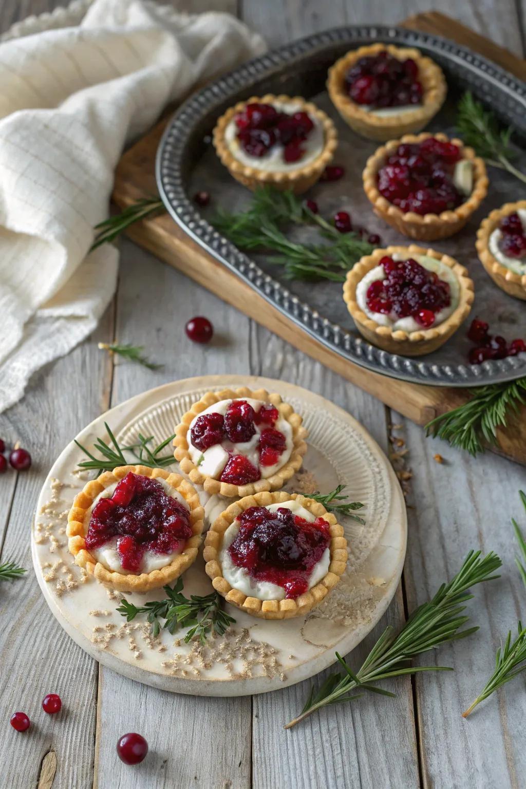 Tangy and sweet cranberry and creamy cheese tarts for a festive treat.