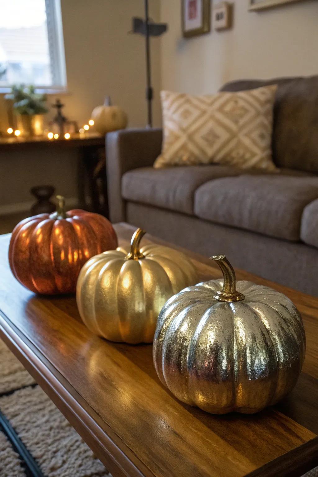 Chic shimmering coated pumpkins for a contemporary aesthetic.