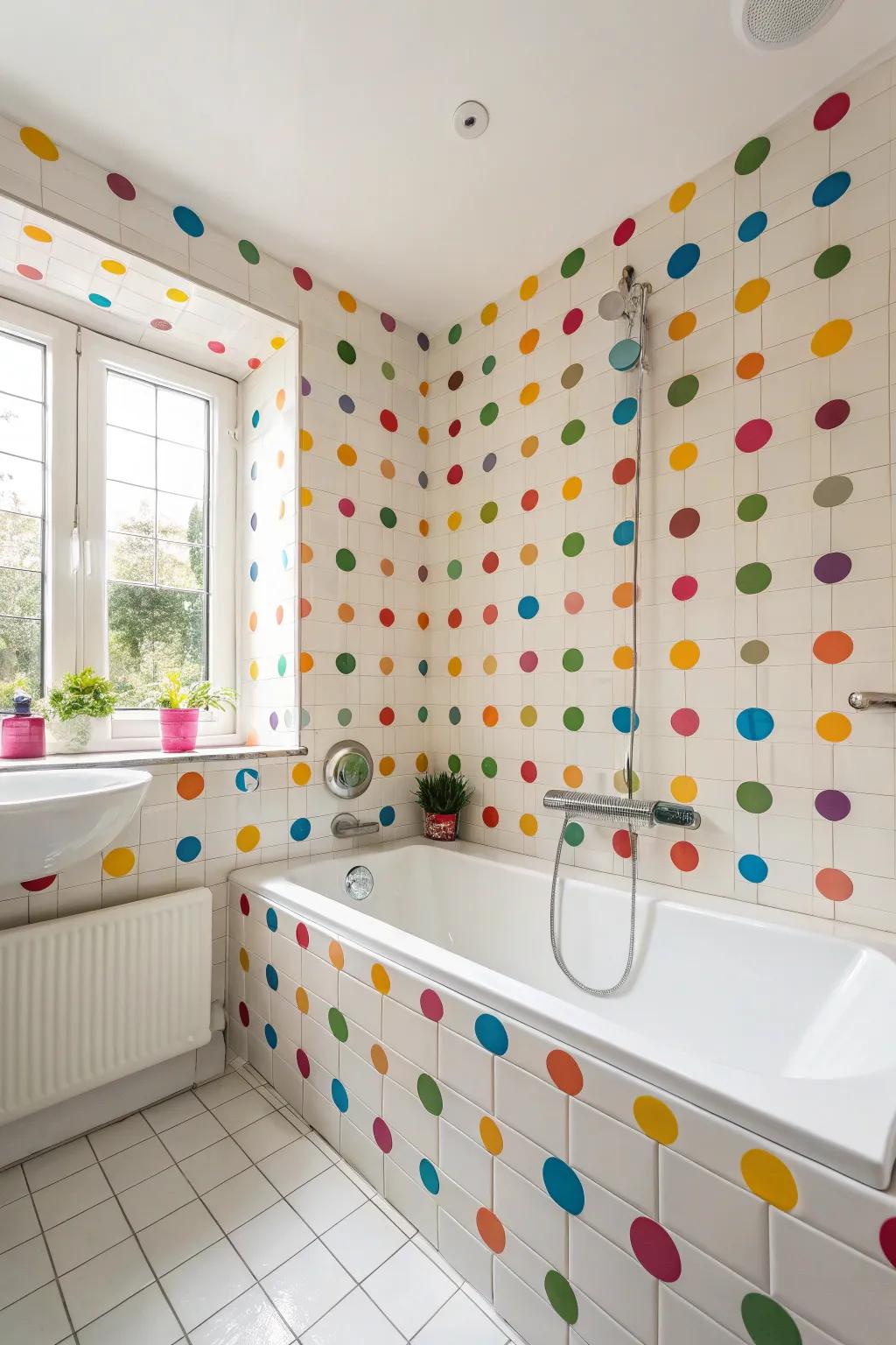 Dotted coverings bring a playful and whimsical vibe to your bathtub area.