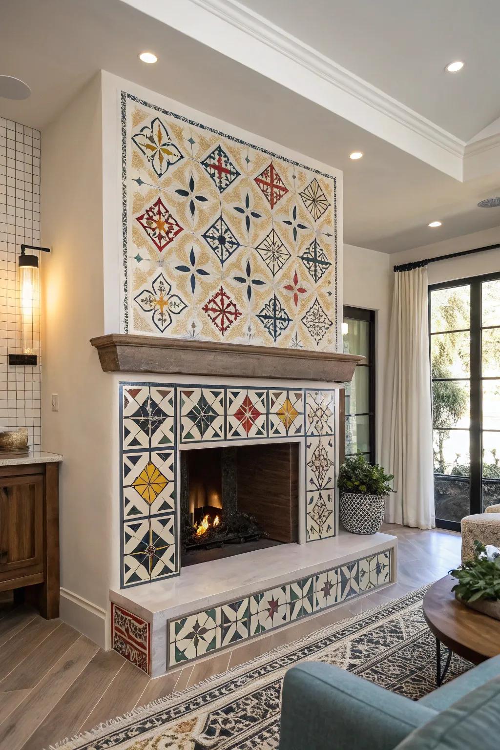 Angular layouts add a contemporary spin to this fireplace.