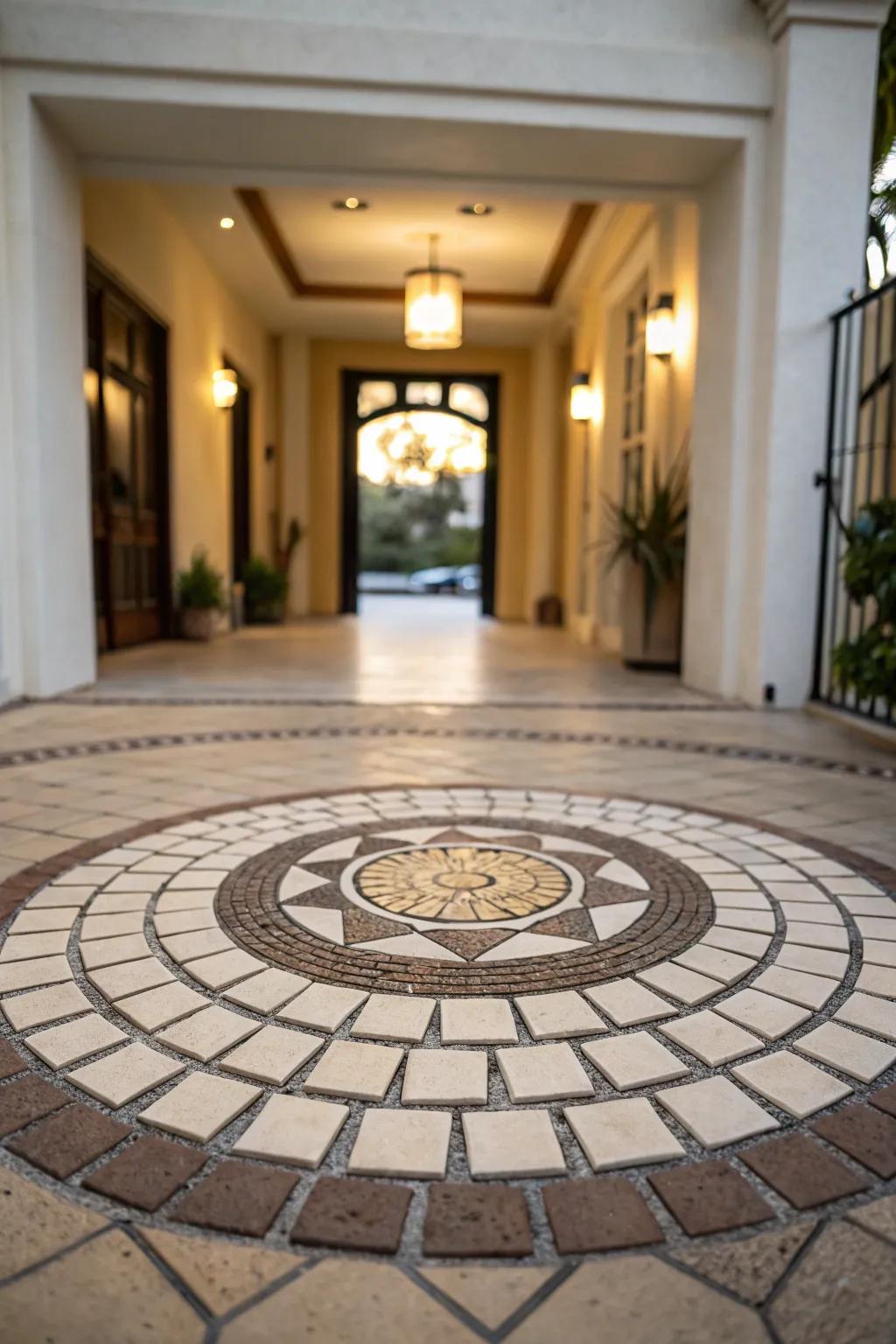 A circular rectangular tile layout makes a bold statement in this entryway.