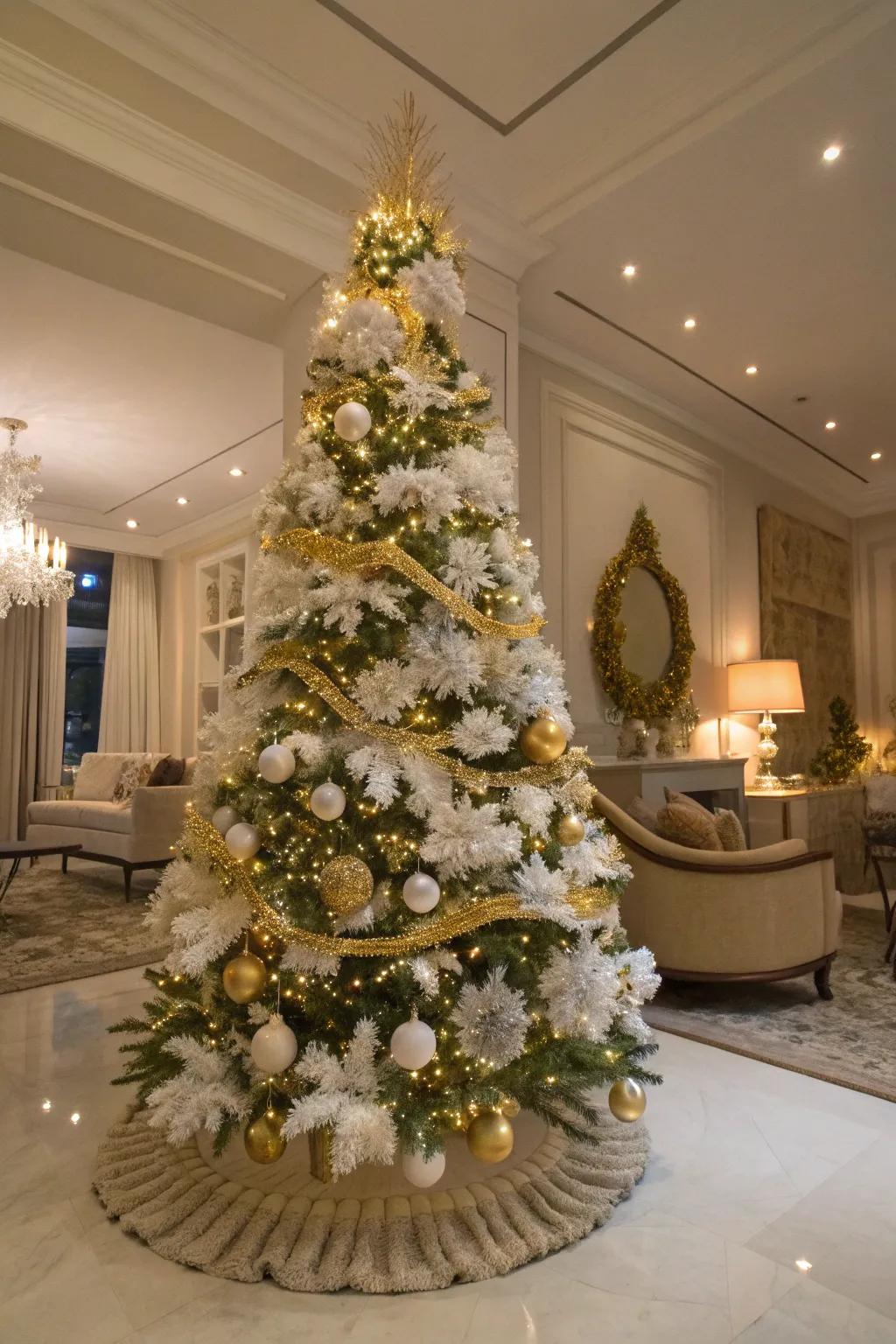 A sophisticated home setting with an elegant alabaster and gilded foil Christmas tree.