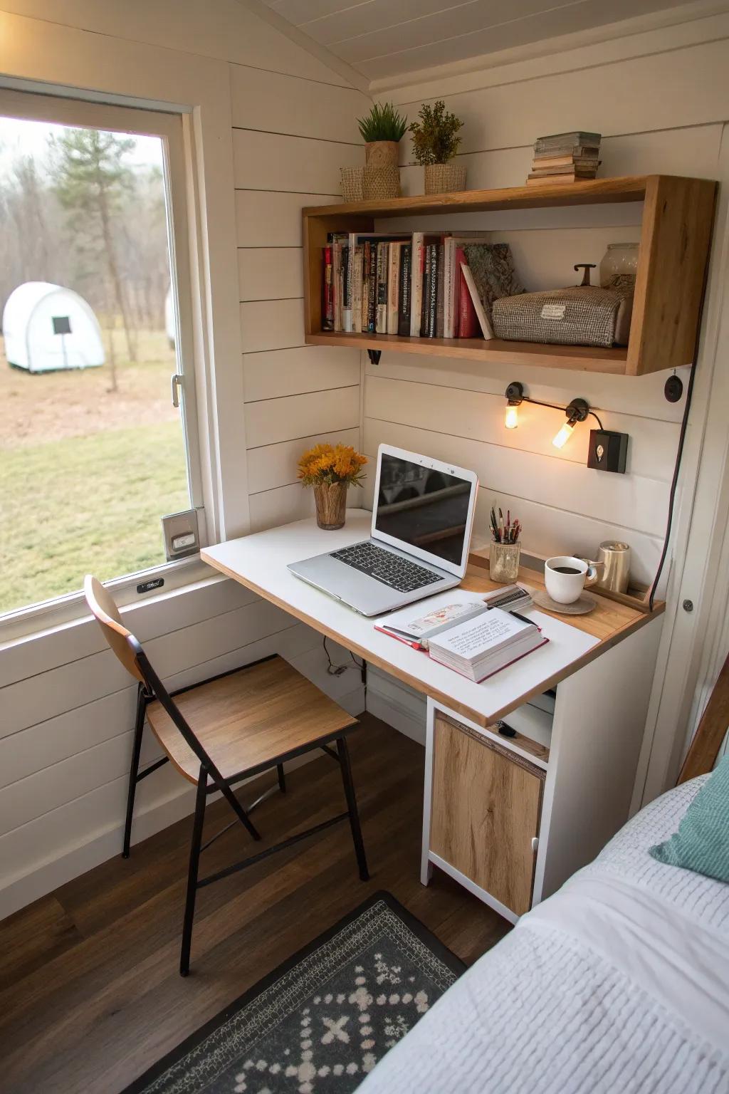 A fold-down desk offering versatility in a tiny home bedroom.