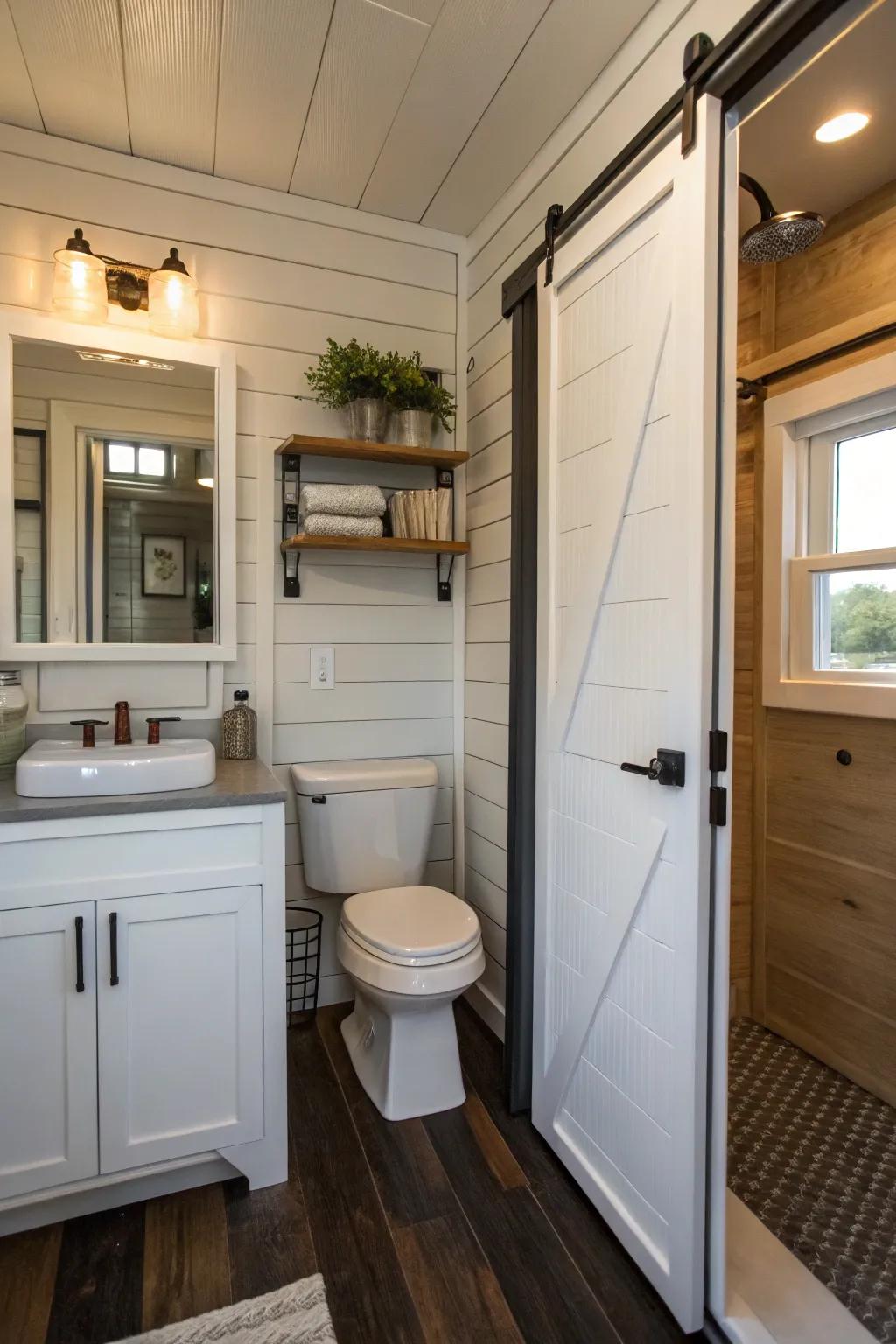 Pocket doors optimize space in this tiny bathroom.