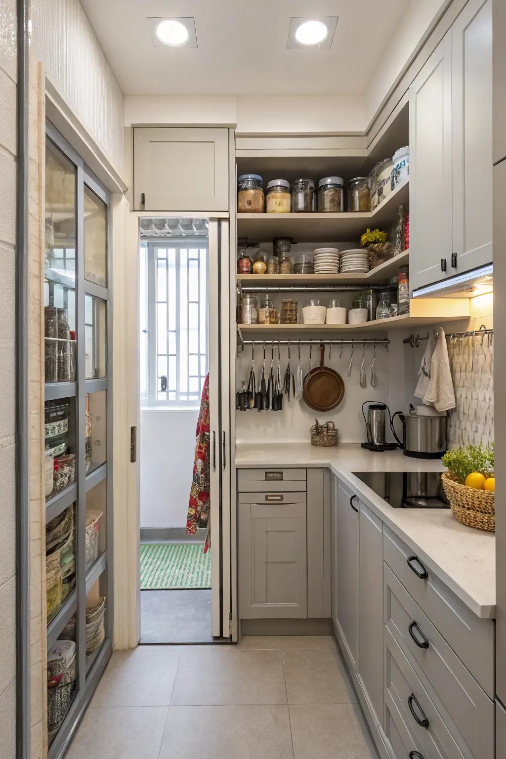 Vertical storage optimizes area and enhances the perception of height in a small kitchen.