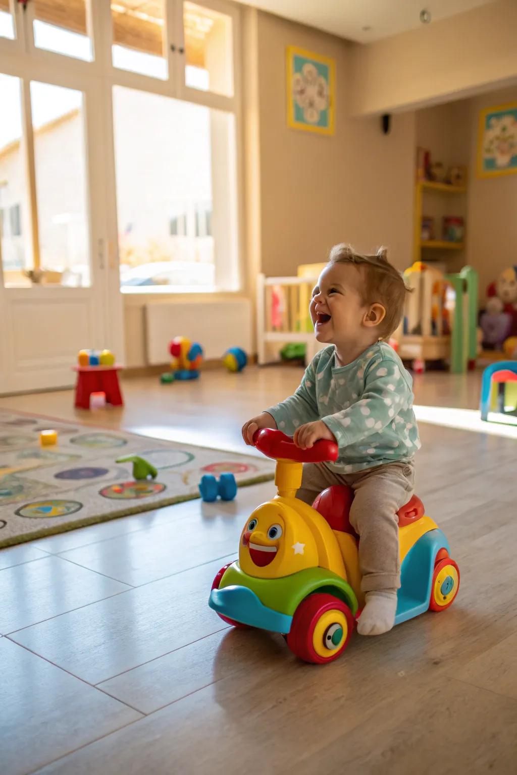Zooming around with joy on a playful ride-on toy.