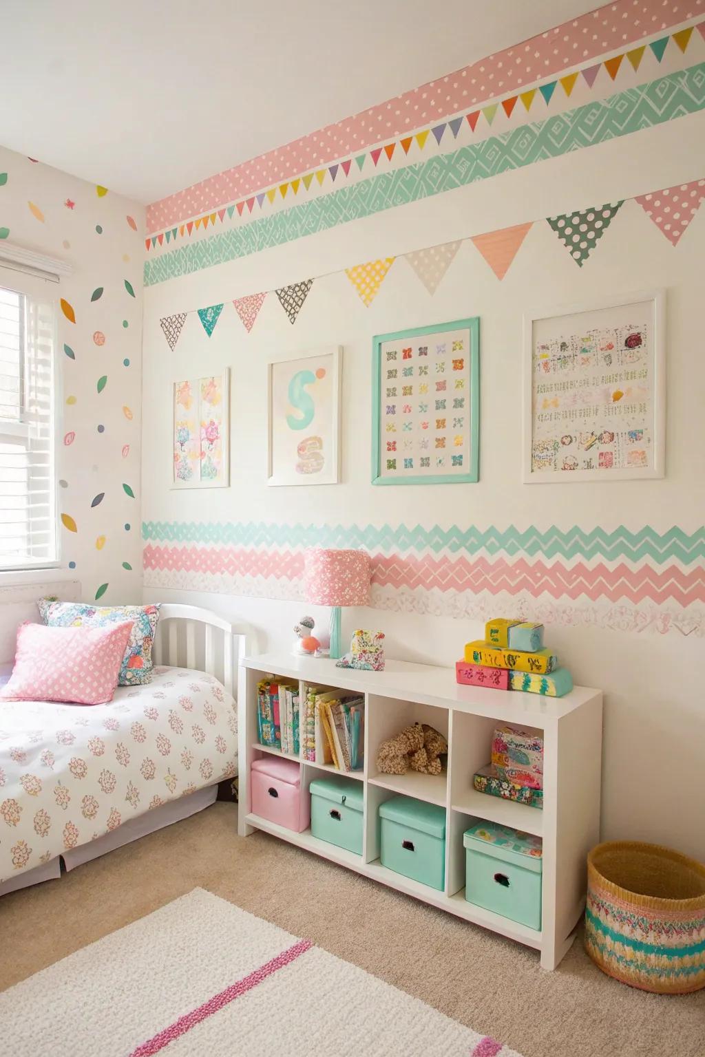 Washi tape designs introduce a creative and customizable element to the walls.