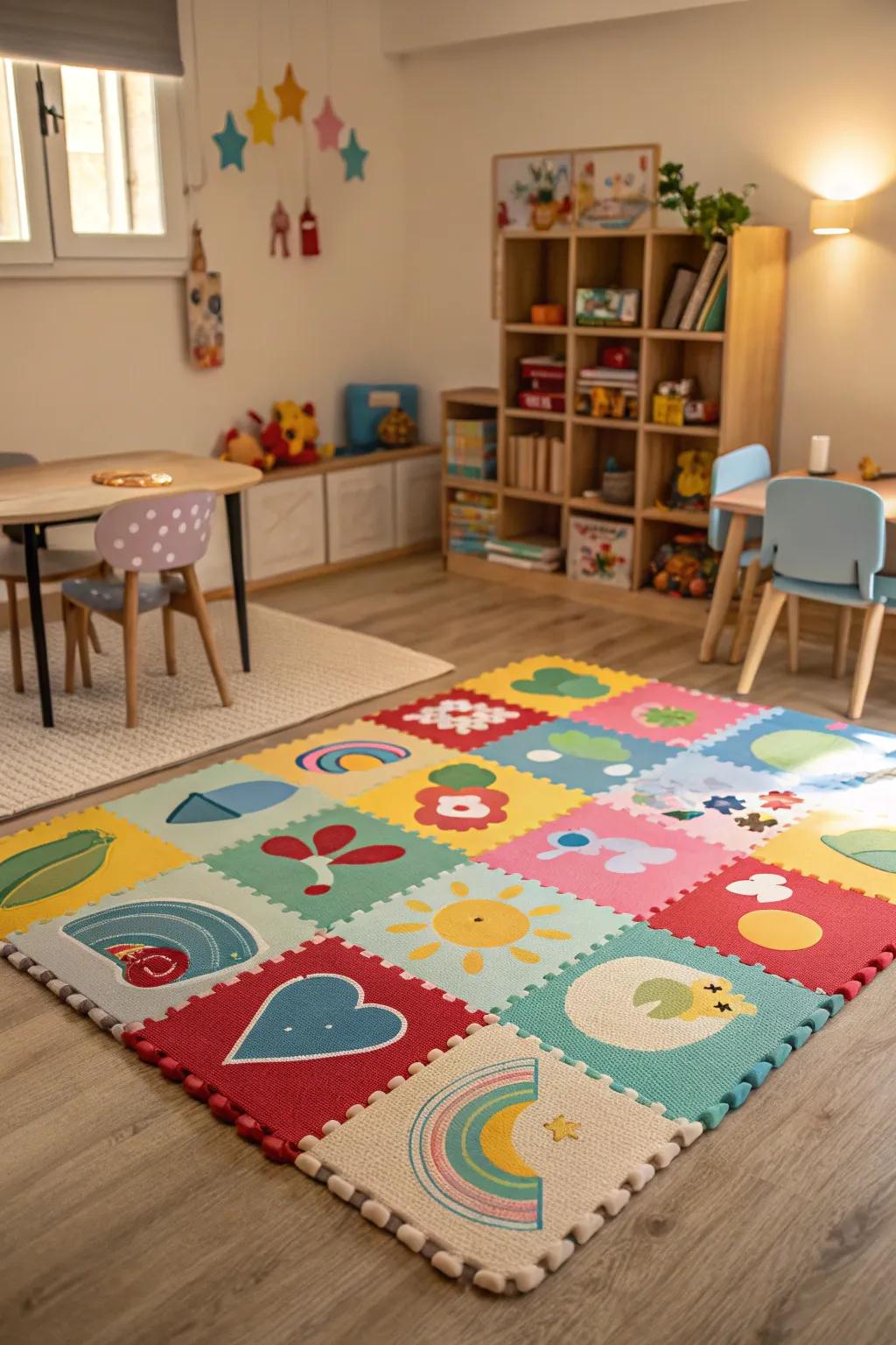 Delicate play mats deliver a secure surface for playful exploits.