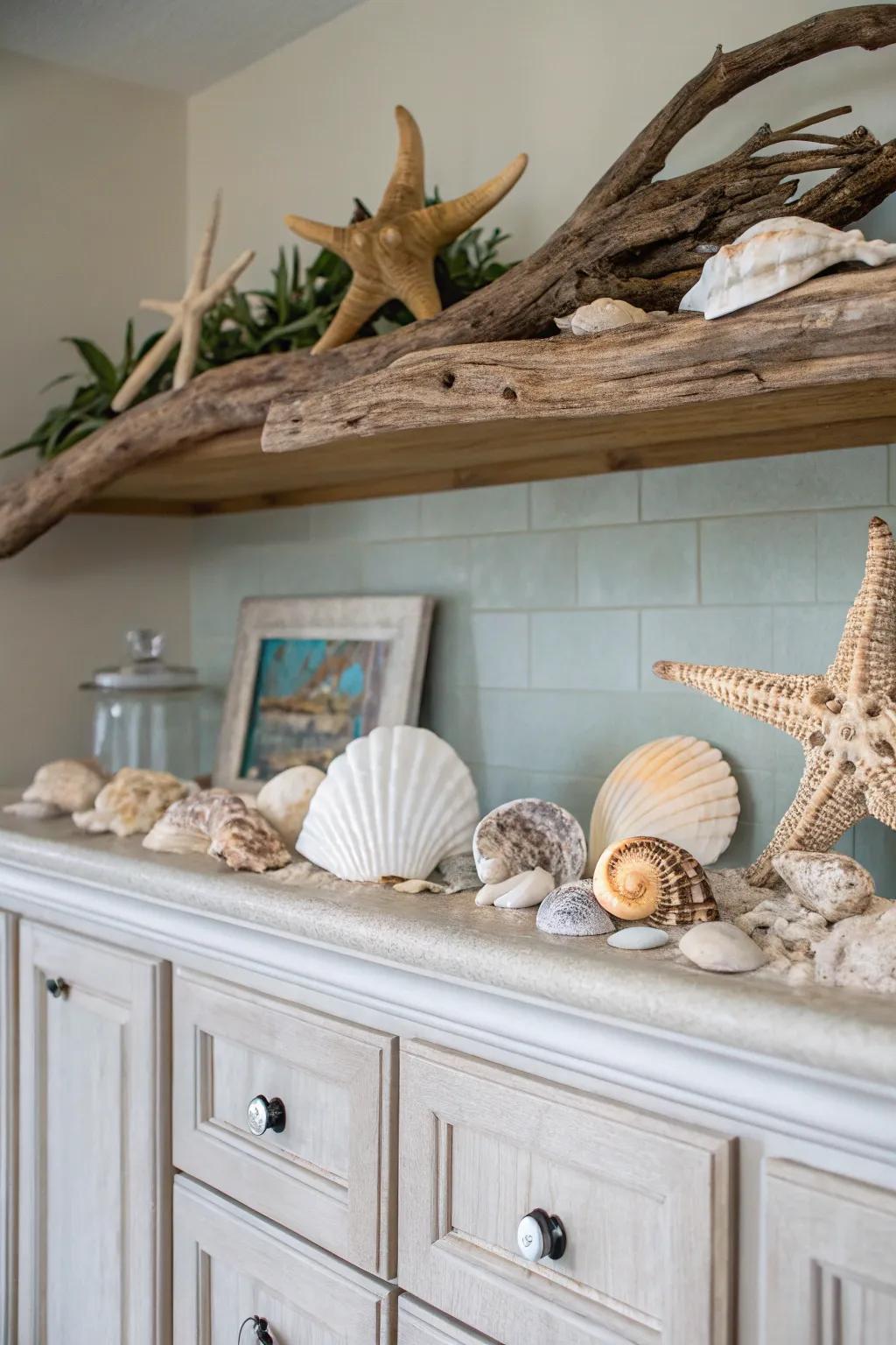 Bring the serene beauty of the coast into your kitchen with coastal accents above your cabinets.