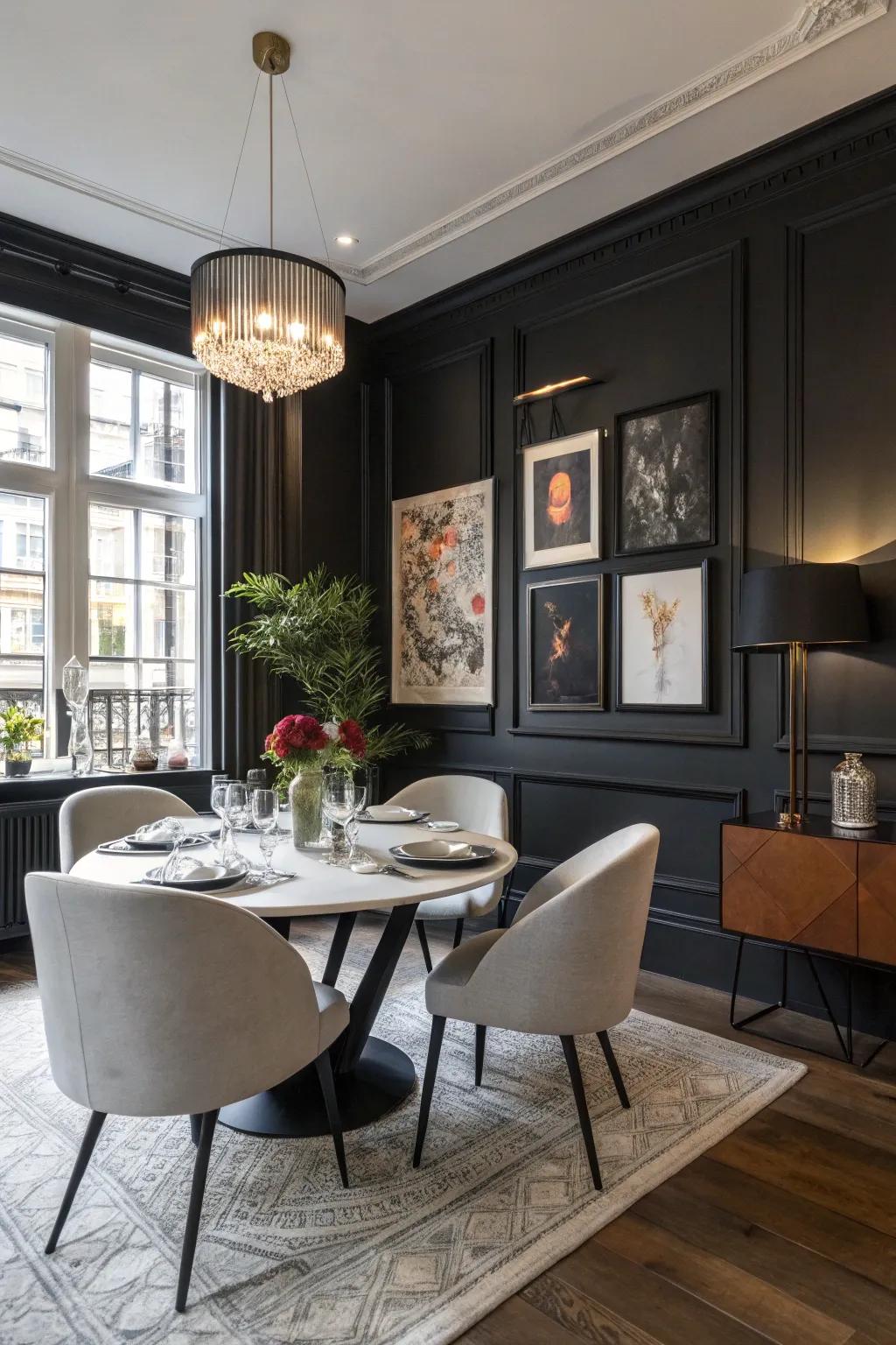A townhouse dining space showcasing daring black walls for a cutting-edge twist.
