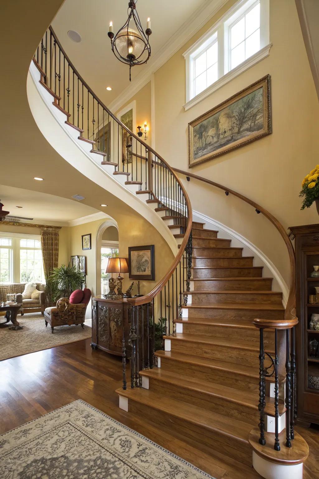 A grand curved staircase generates a striking entry.