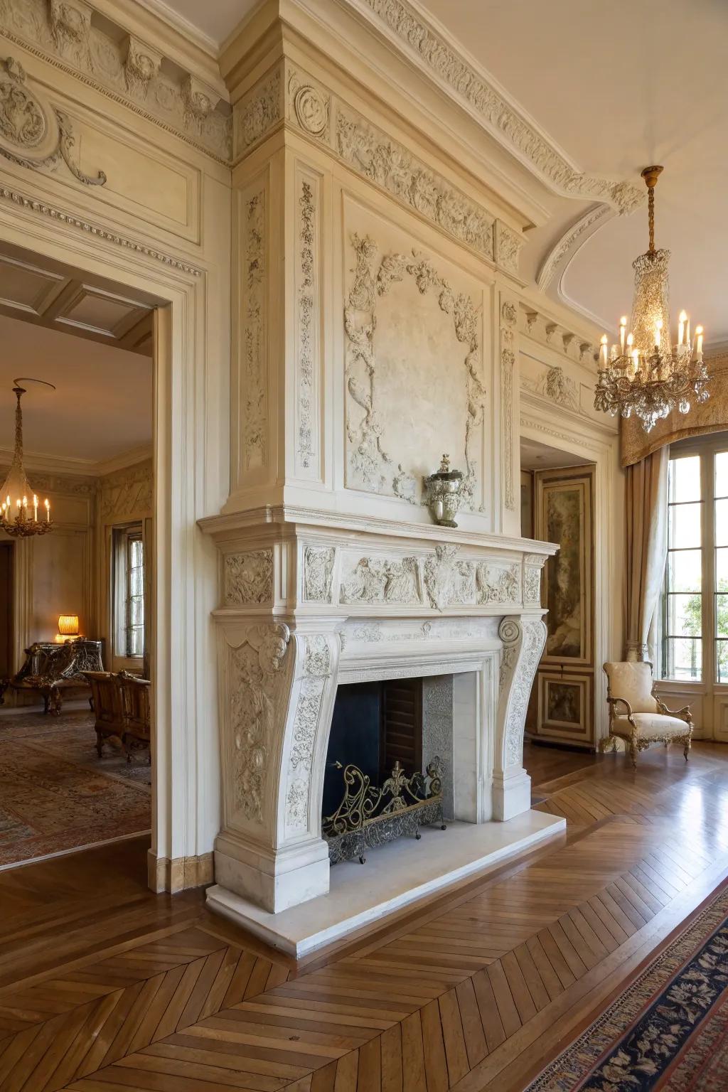 A hand-carved alabaster mantelpiece emanates grace.