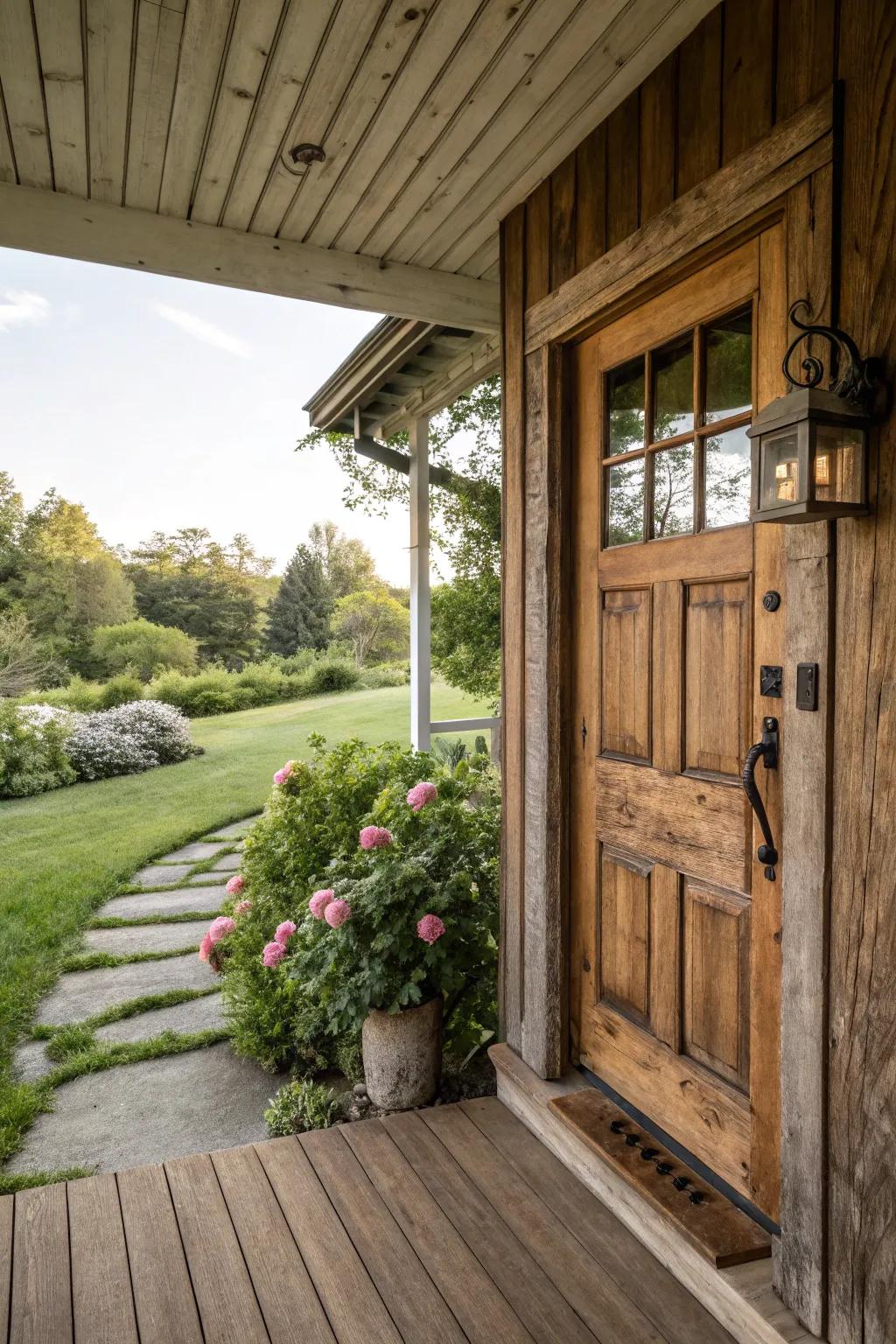 Farmhouse allure with rustic wood doors brings warmth and coziness.