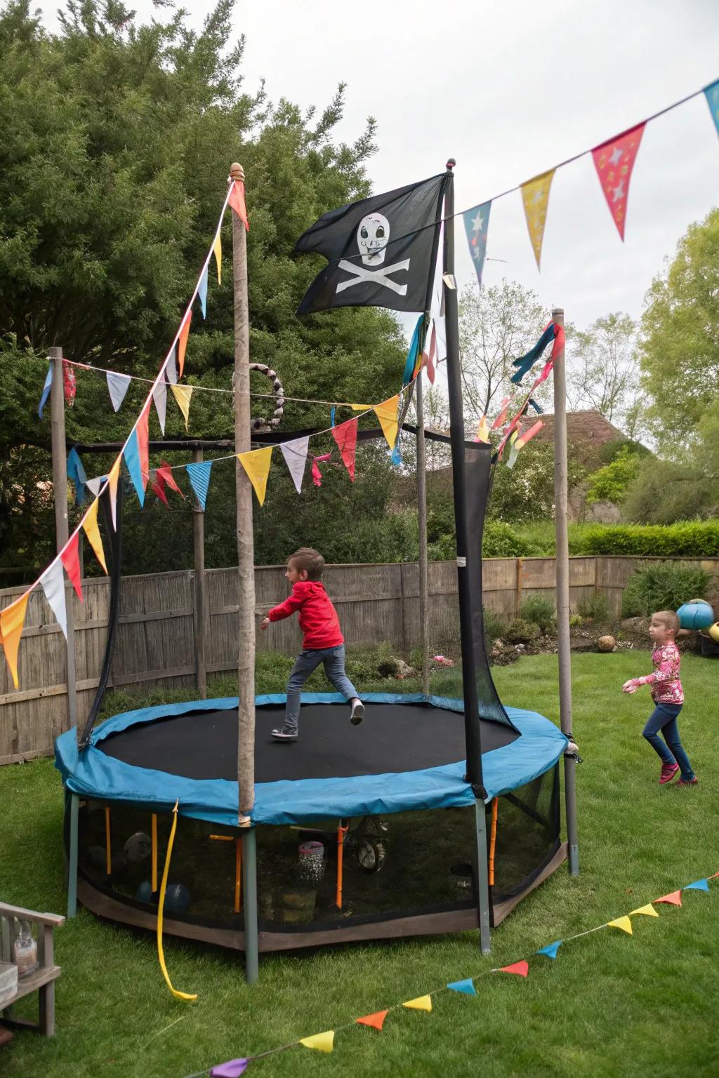 A bounce platform transformed into a themed play sanctuary with colorful decorations.