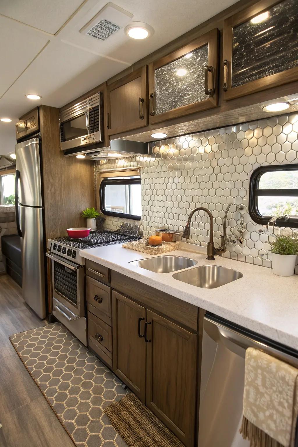 Metallic tiles add a modern and luxurious touch to your RV kitchen.