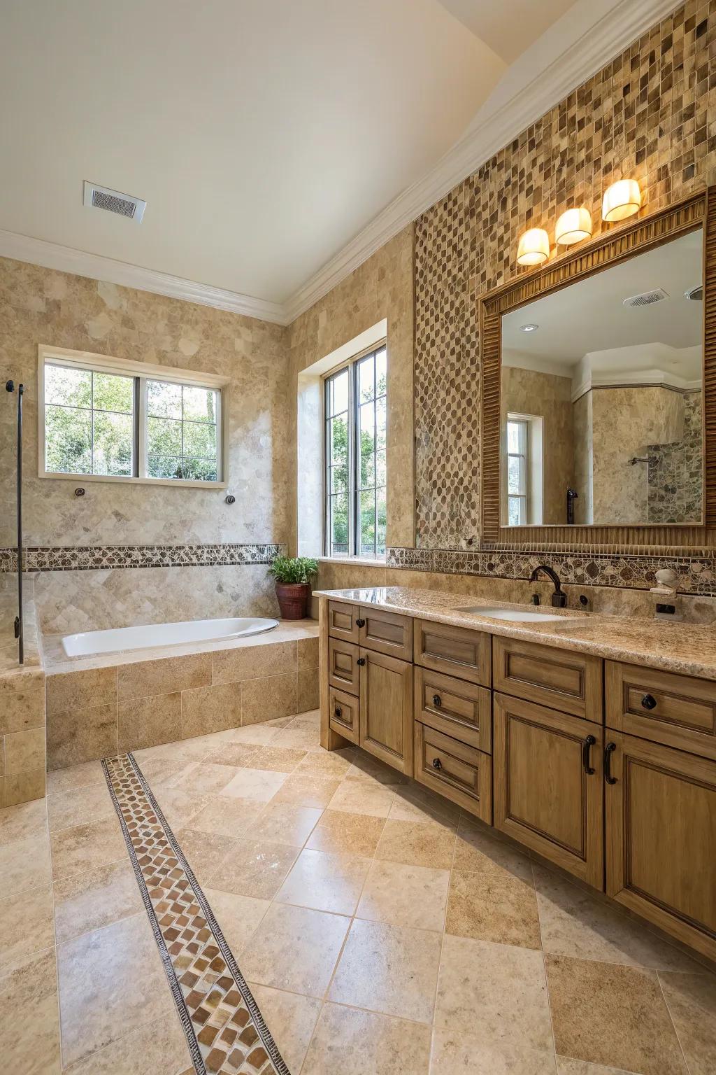 A travertine bathroom showcases a stunning feature wall made of intricate tiles.
