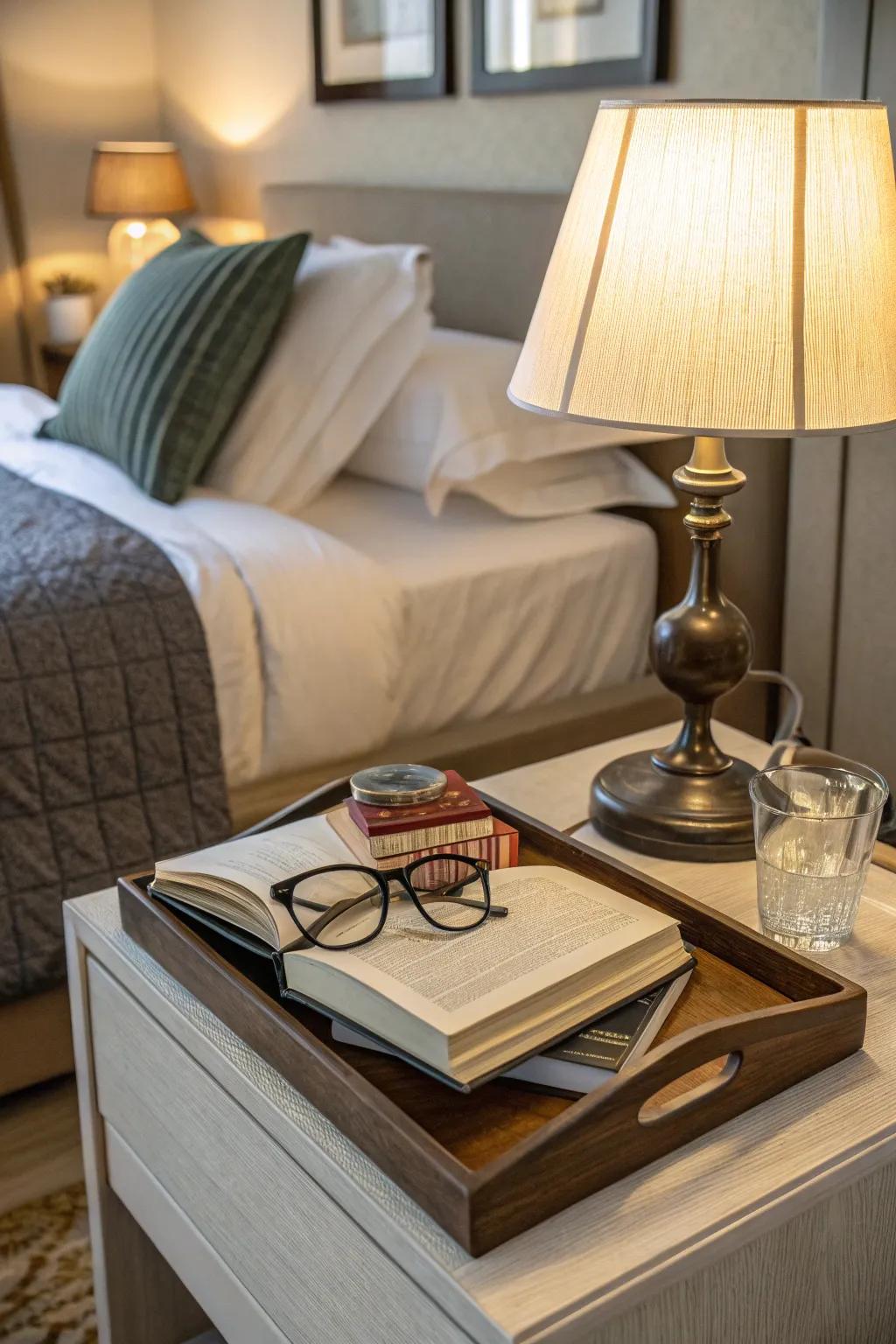 A comfortable bedroom scene, showcasing a chic nightstand and tray.