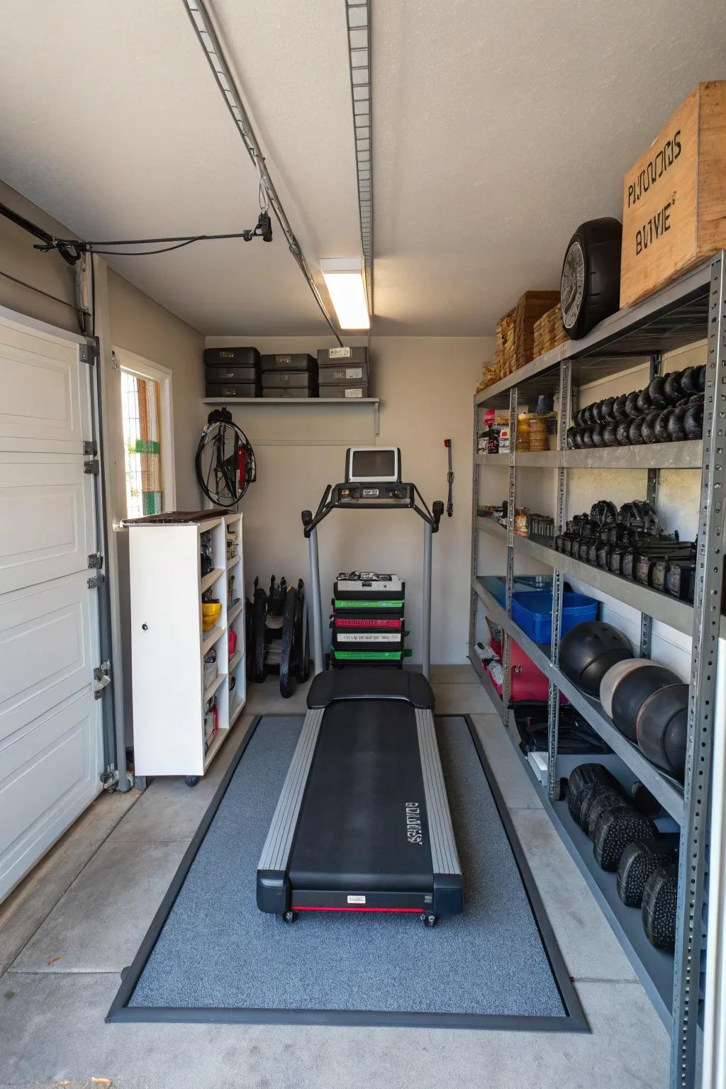 Arrange your garage into areas for different workout types.