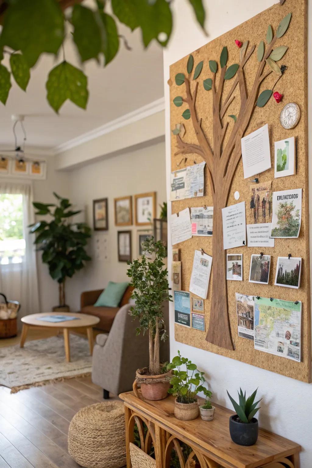 An eco-friendly tree bulletin board made from recycled materials.