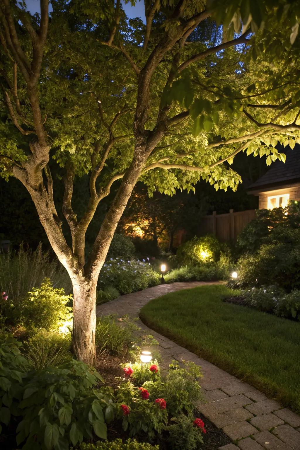 Hidden fixtures create seamless garden lighting.