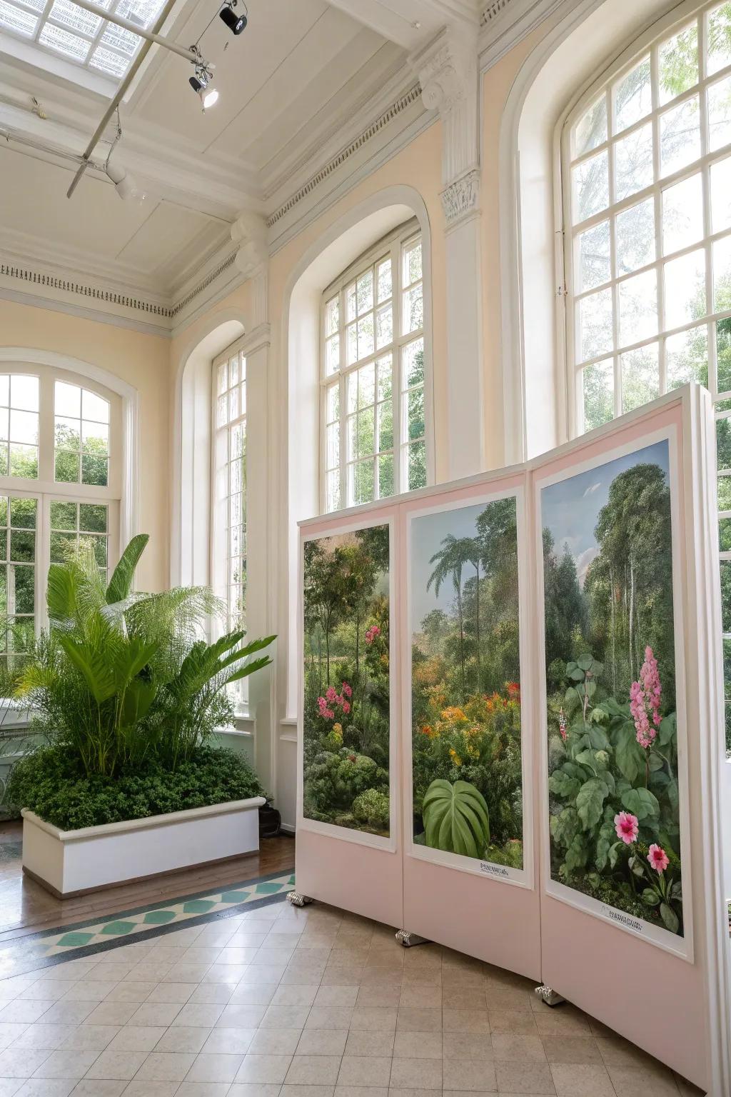 Lush greenery in a botanical triptych enhances indoor spaces.
