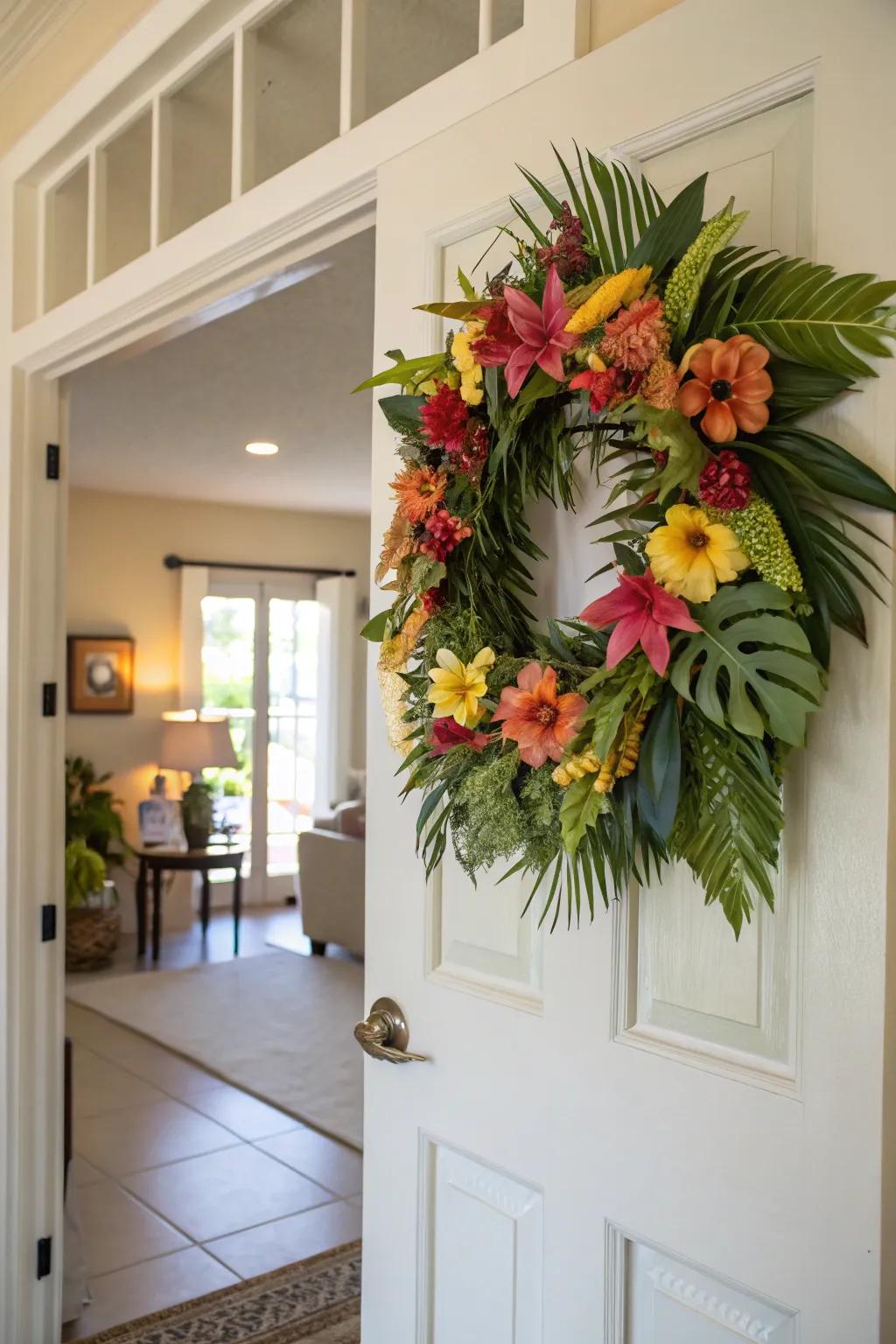 A tropical garland infuses a welcoming splash of hue to your door.