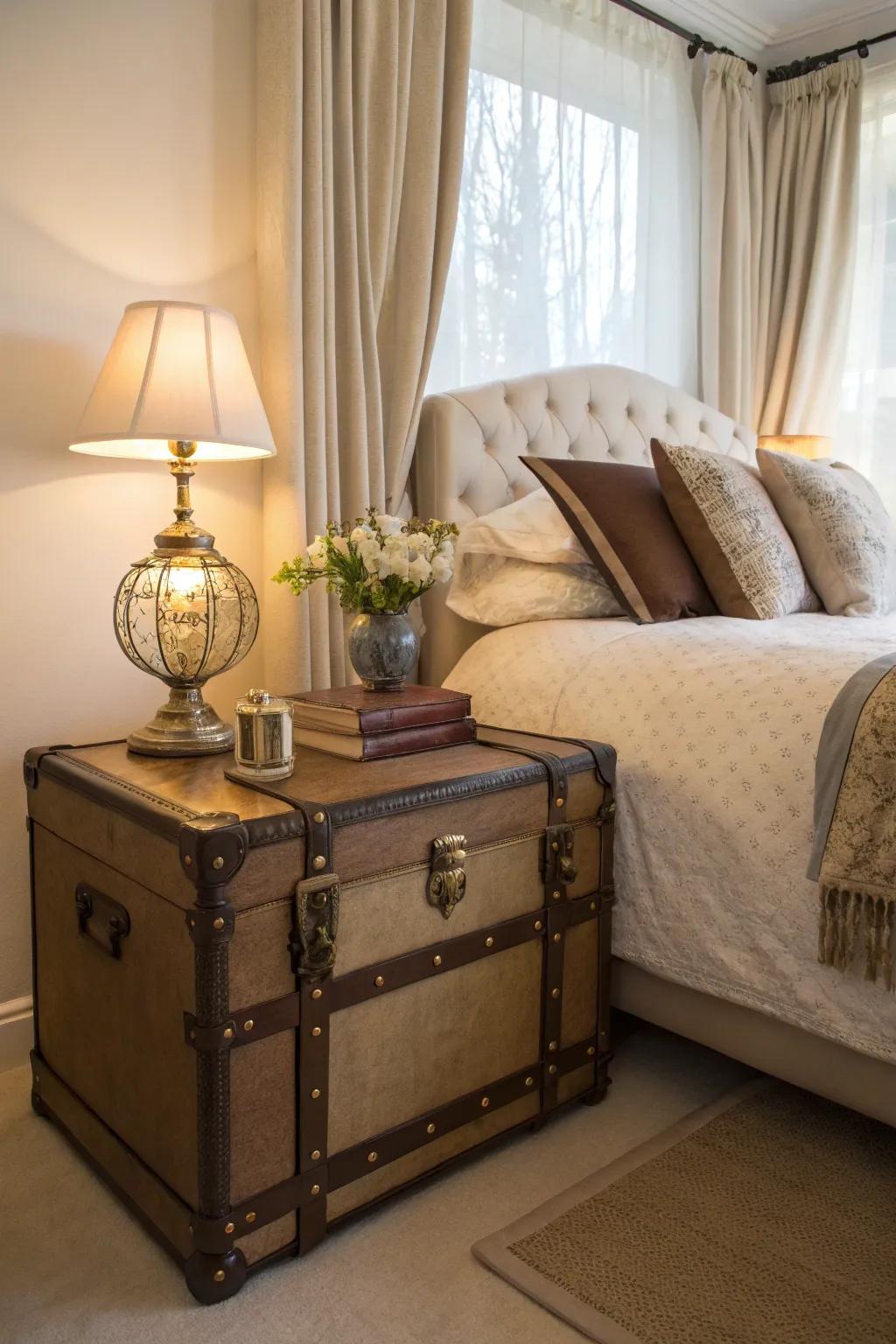 A trunk doubles as a nightstand, offering style and storage by the bedside.