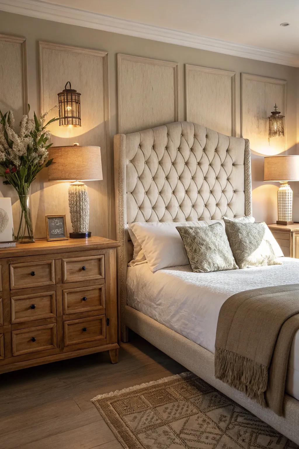 A cozy bedroom showcasing a tufted headboard crafted from linen.