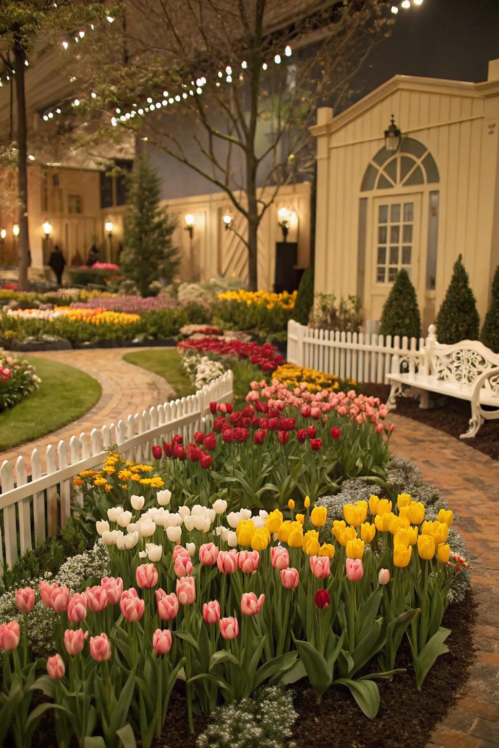 A themed tulip garden showcasing creativity and personal touch through color and design.
