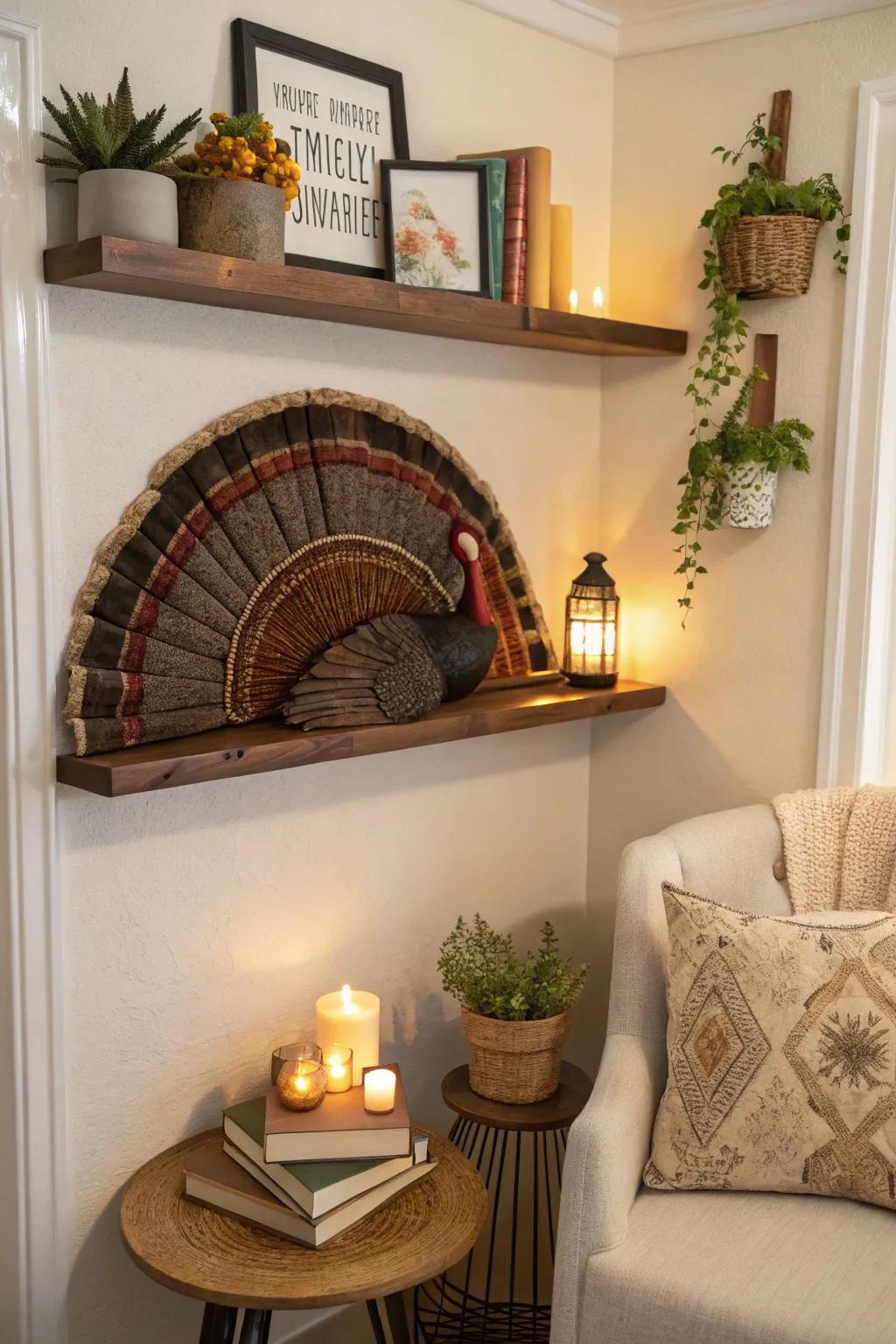 A hanging ledge creates a dynamic display for a turkey fan.