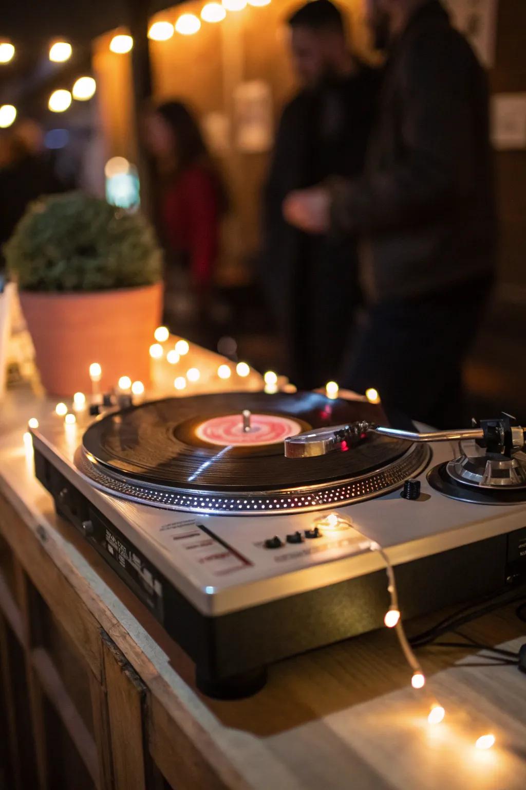 Base lights creating a glowing effect underneath the record player.